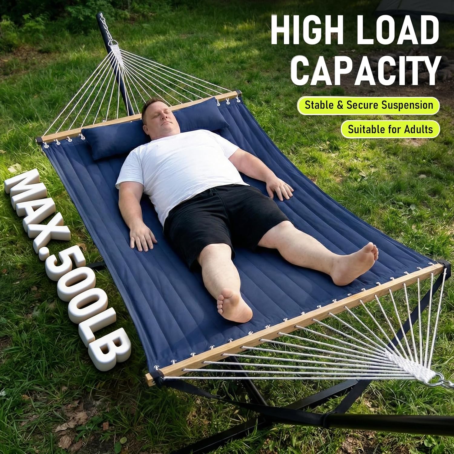 FULIYE Double Hammock with Stand for Outdoor .2 Person Heavy Duty Portable Hammock with Adjustable Steel Stand and Balance Ropes Included – for Patio, Backyard, Garden, Beach (Purplish Blue)