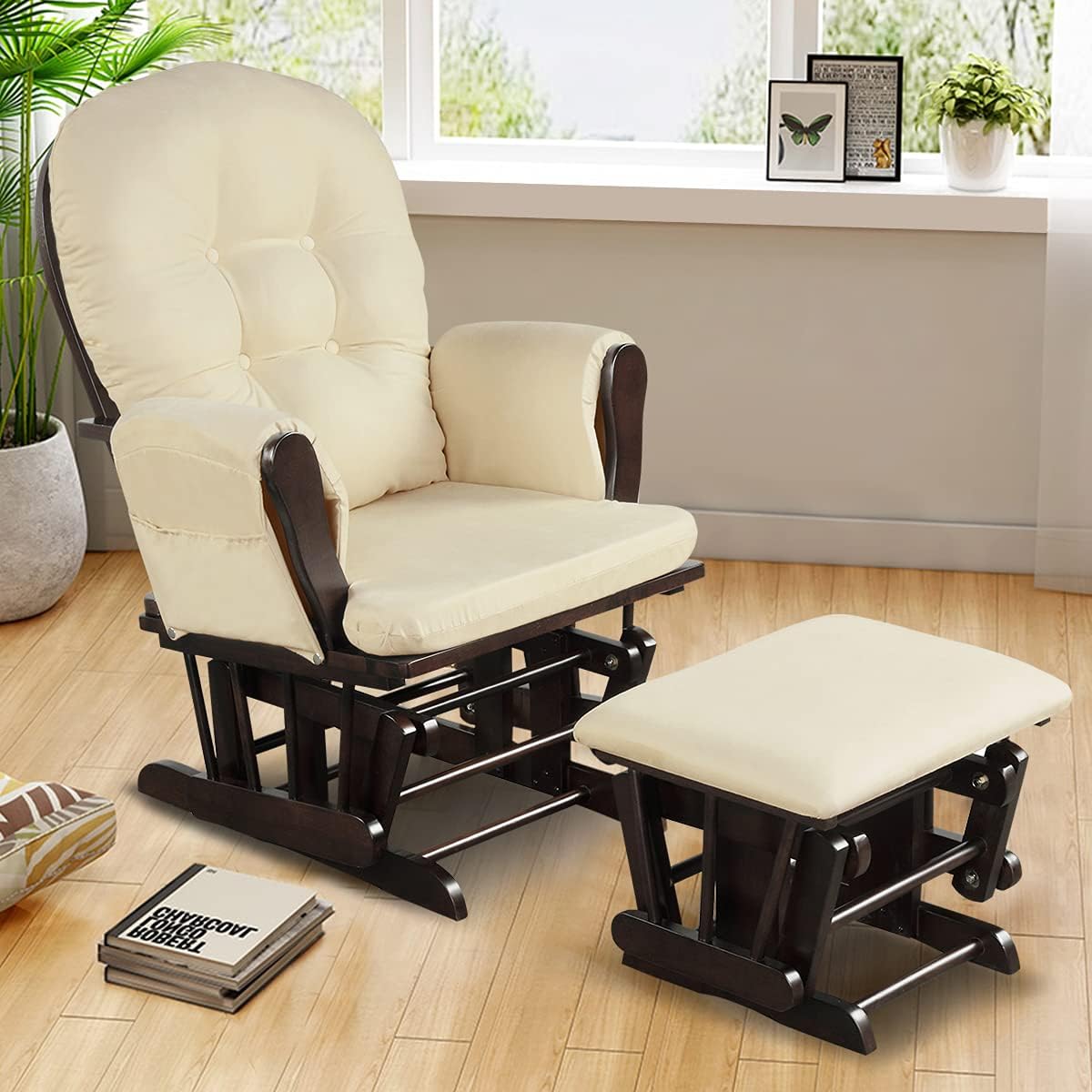 Costzon Glider and Ottoman Set, Wood Glider Rocker for Nursery, Upholstered Comfort Nursing Rocking Chair with Storage Pocket, Padded Armrests & Detachable Cushion, Easy to Assemble (Beige)