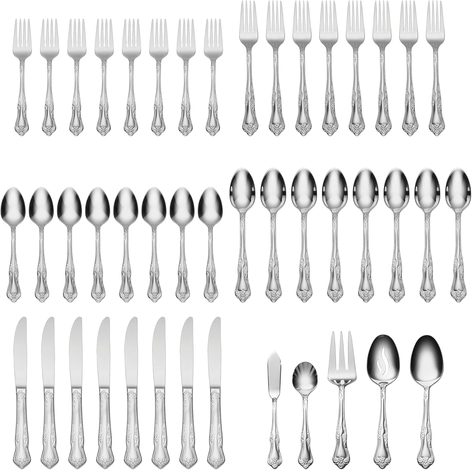Oneida Silverware Set For 8, Azalea 45-Piece Everyday Flatware Set with Serving Utensils, Floral, Service For 8, 18/0 Stainless Steel, Dishwasher Safe, Knives Spoons And Forks Sets (Silver, 45 Pieces)