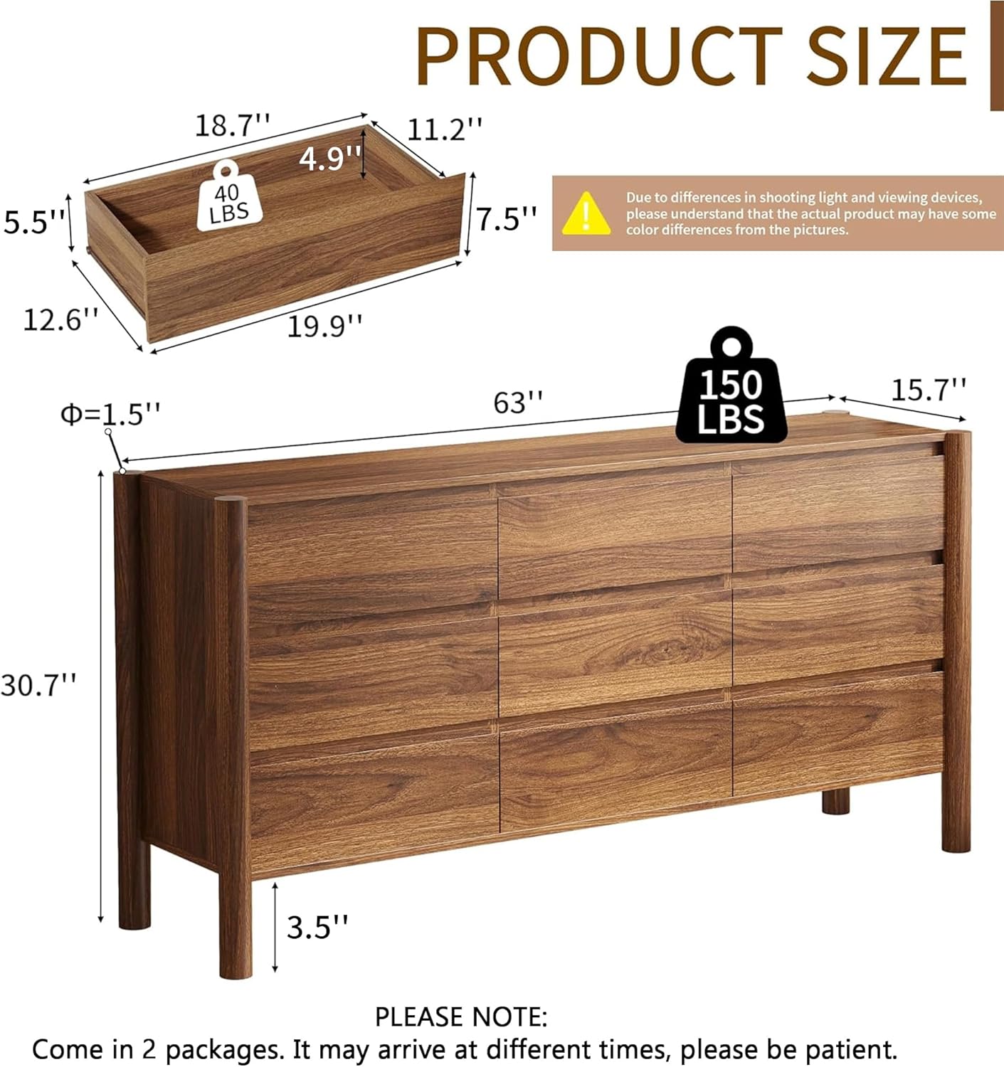 CHUWELL Walnut Dresser for Bedroom, 63
