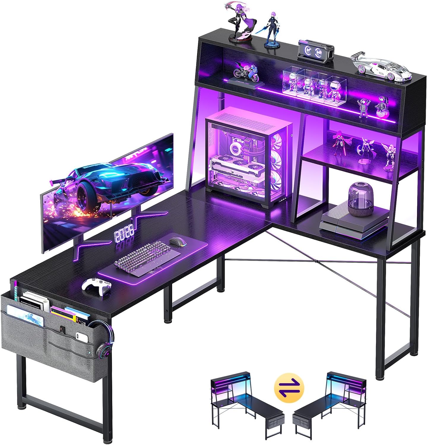 AODK L Shaped Gaming Desk with Led Lights, 51 Inch Reversible Gaming Computer Desk with Display Shelves, PC Gamer Desk Gamer Table with Storage Bag, L Desk for Game, Black