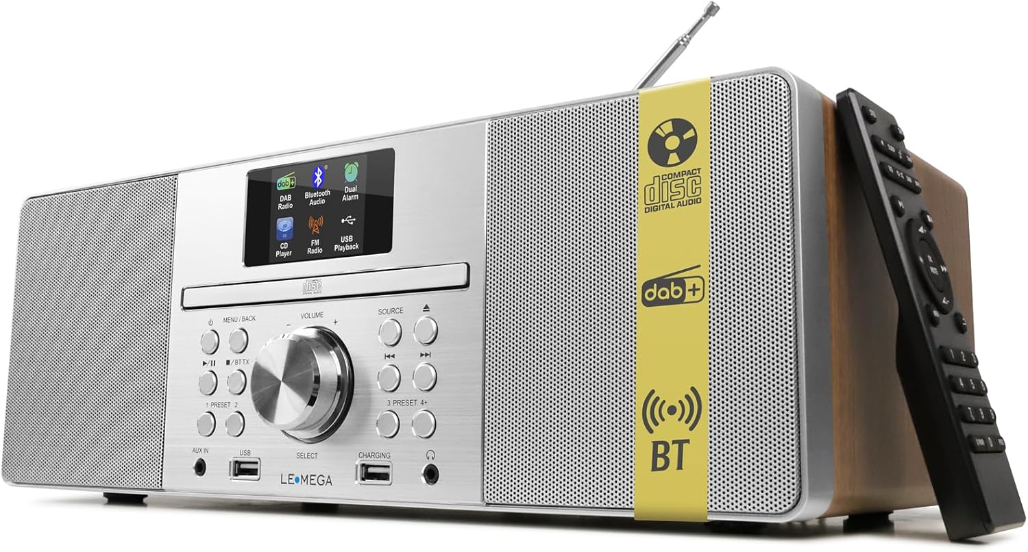 LEMEGA MSY1+ CD Player with FM Radio, Bluetooth Streaming, 80W Stereo HiFi System, Full Colour Display, 30 Presets, Remote Control, Acoustic Wooden Cabinet - Dark Walnut