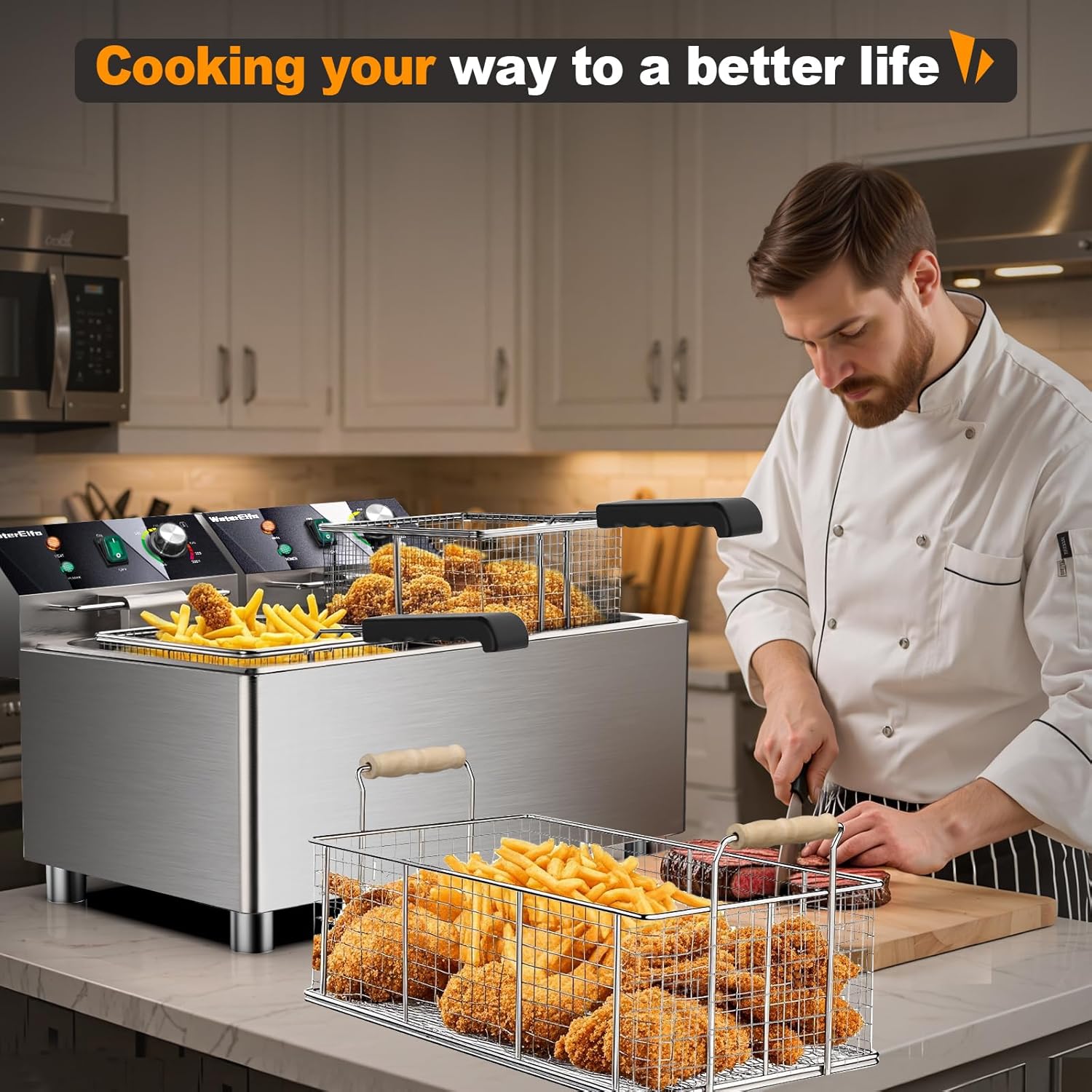 WaterElfo electric turkey fryer Commercial deep fryer with basket 3600W27.4QT with timer26L deepen deep fryer Variable twin cylinder 13.7QT*2 Rapid heating