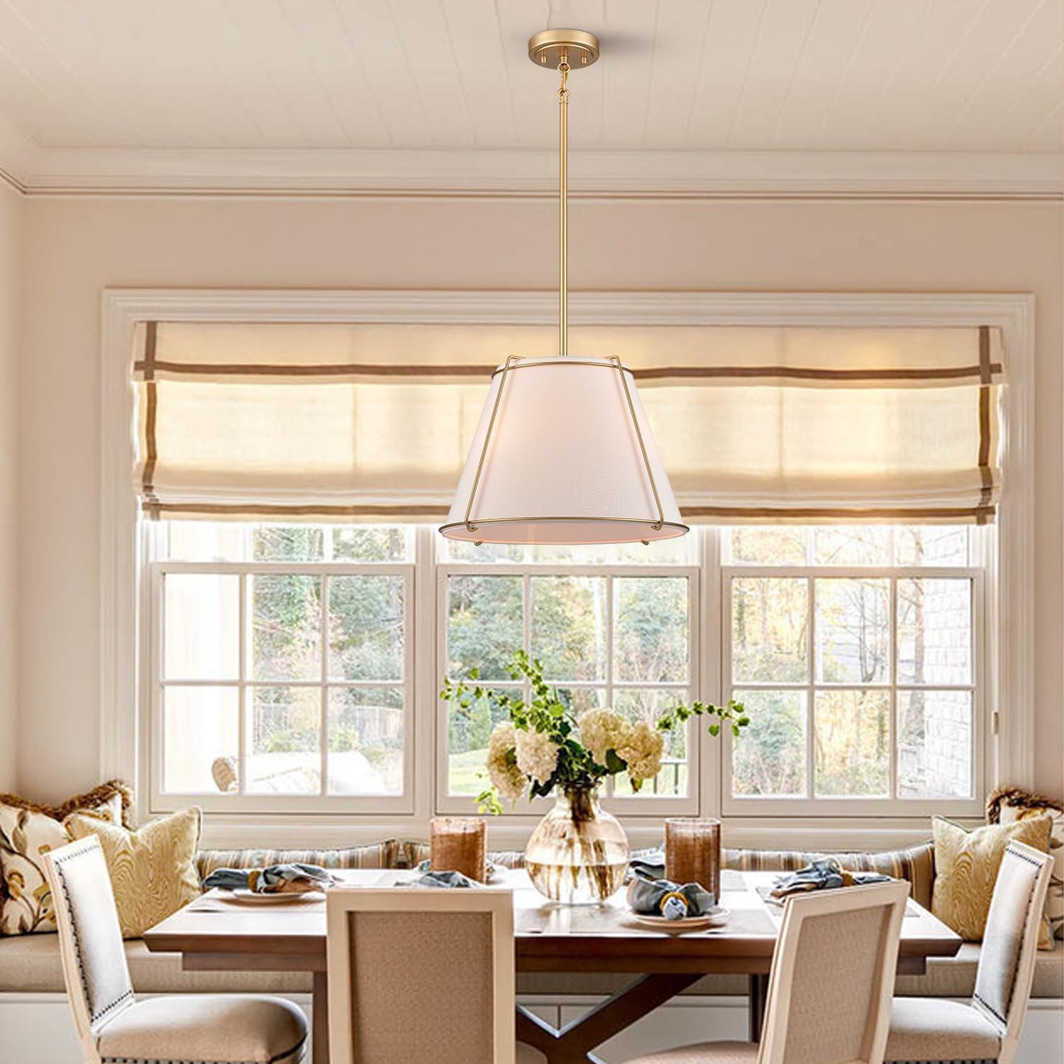 Cone Pendant Light Fixture with Metal Lantern Fabric Drum Shade 16