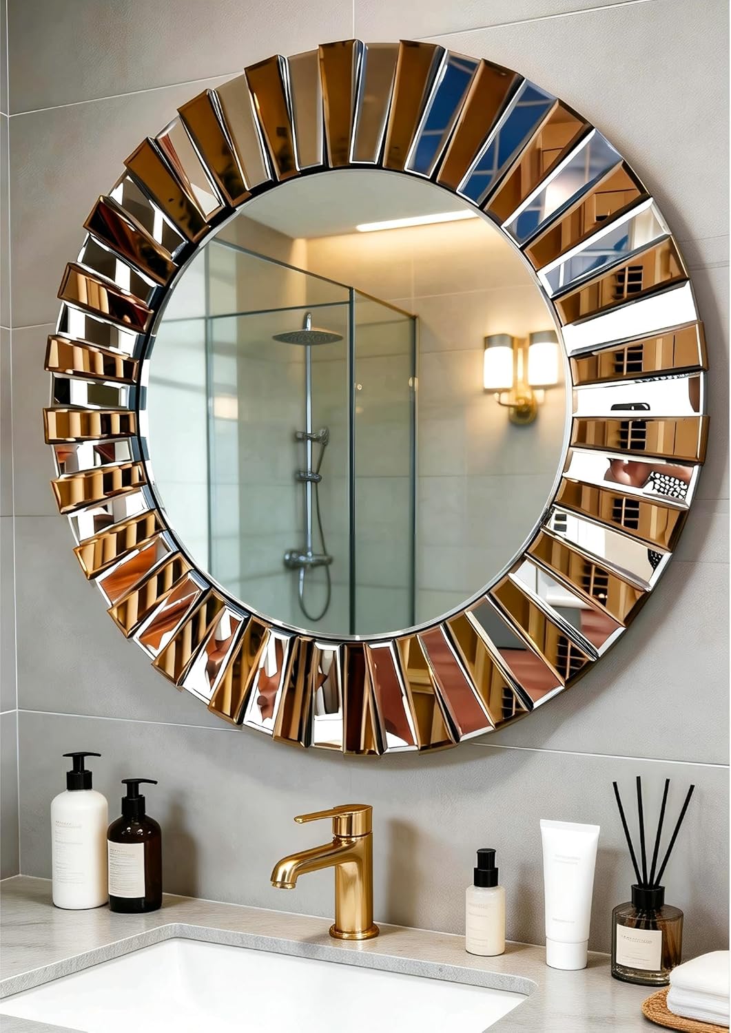 Round Wall Mirror Decorative Sunburst Silver-Brown Crystal Edge 32 inch
