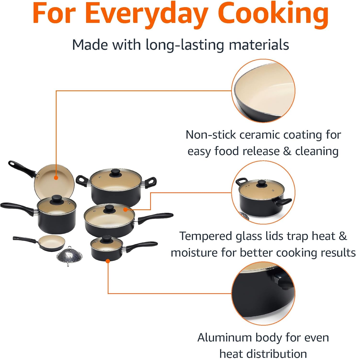Amazon Basics 11-Piece Ceramic Non-Stick Pots and Pans Set, Dishwasher & Oven Safe, Easy Clean, Glass Lids, Black/Cream