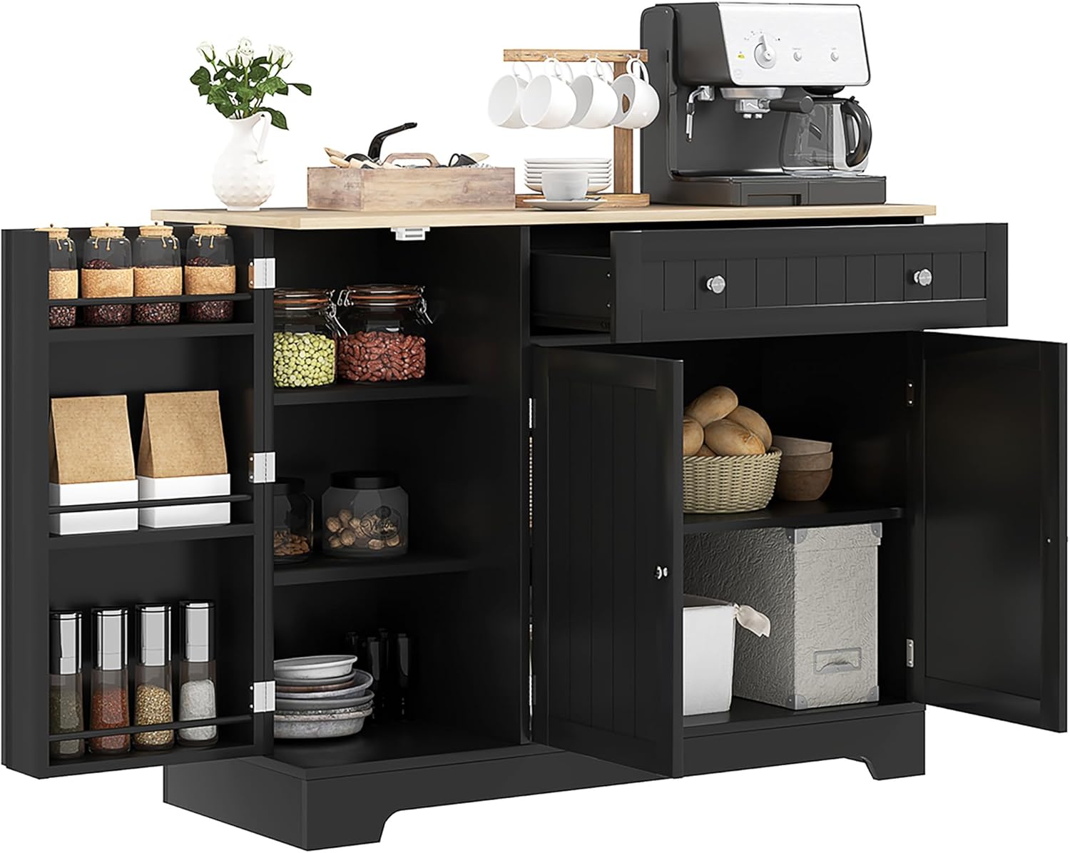 HOMCOM Modern Coffee Bar Cabinet with Storage, Sideboard Buffet Cabinet with Drawer, Adjustable Shelves, Small Kitchen Pantry with Door Shelves, Black