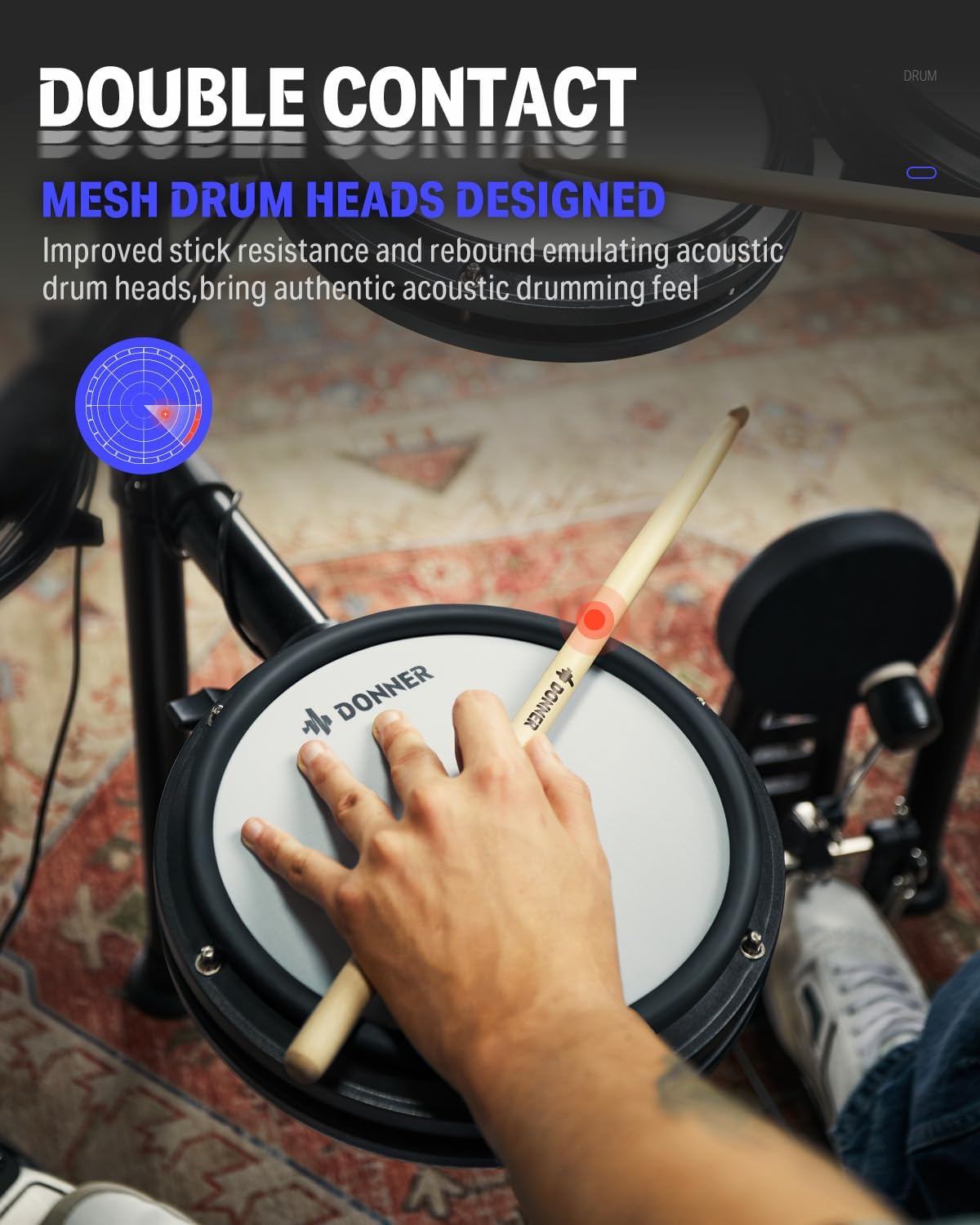 Donner DED-200 Electric Drum Sets with Quiet Mesh Drum Pads, 2 Cymbals w/Choke, 31 Kits and 450+ Sounds, Throne, Headphones, Sticks, USB MIDI, Melodics Lessons (5 Pads, 3 Cymbals)