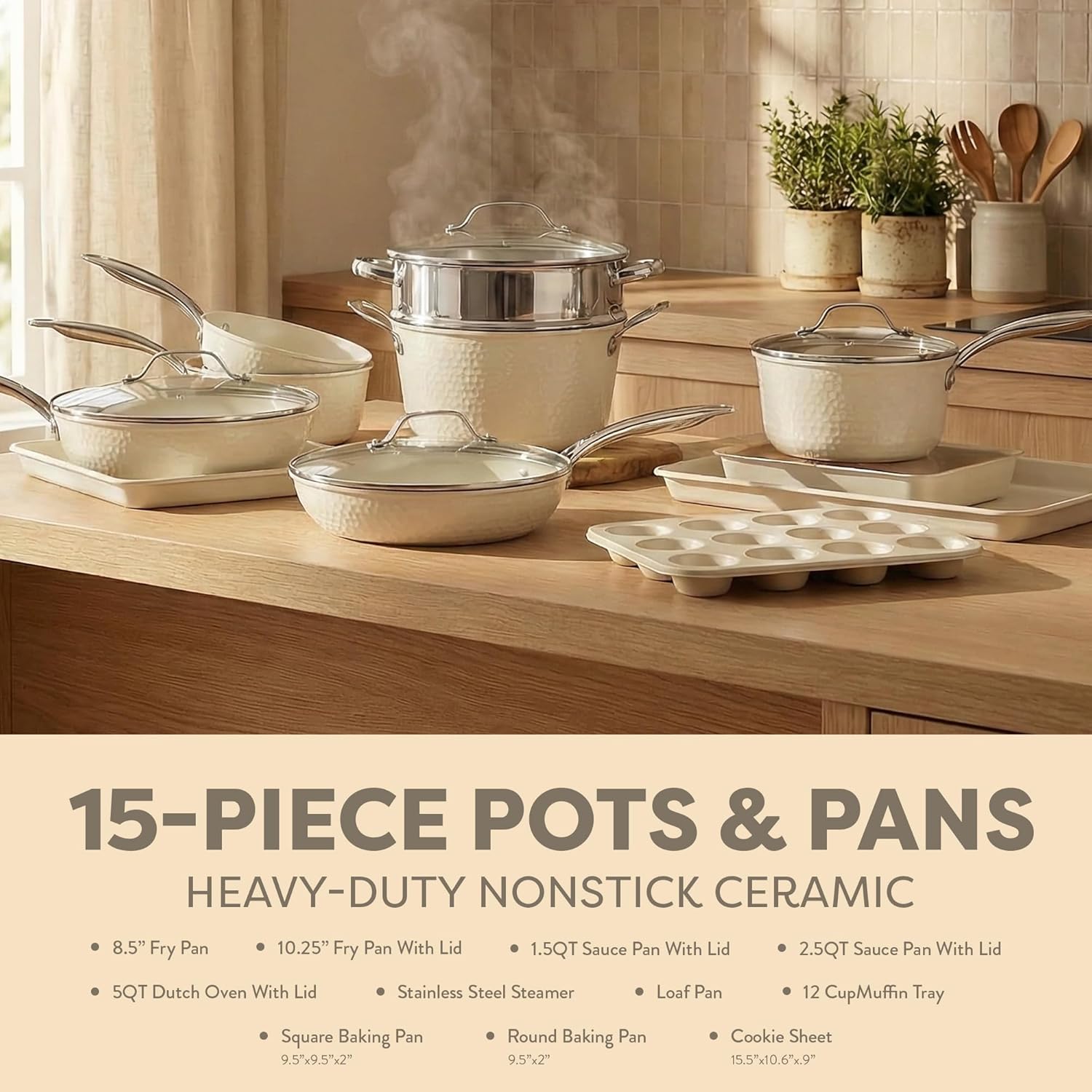 Gotham Steel Hammered 15Pcs Ceramic Cookware Set Nonstick, Induction Pots and Pans Set Non Stick with Bakeware Set & Steamer for Cooking, Non Toxic PFOA PFOS Free, Oven & Dishwasher Safe, Cream White