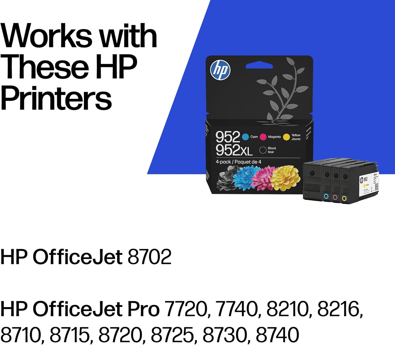HP 952XL Black + 952 Cyan, Magenta, Yellow Ink | Works with Printer Series: OfficeJet 8702, OfficeJet Pro 7720, 7740, 8210, 8710, 8720, 8730, 8740 | N9K28AN