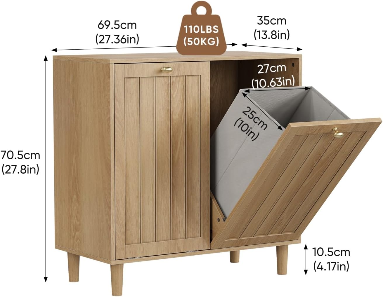 Oak Sloping Laundry Hamper Cabinet with 2 Removable Liners, Freestanding MDF Tilt-Out Storage Cabinet with Anti-Tipping Kit, Concealed Bathroom & Laundry Room Organizer, 27.8