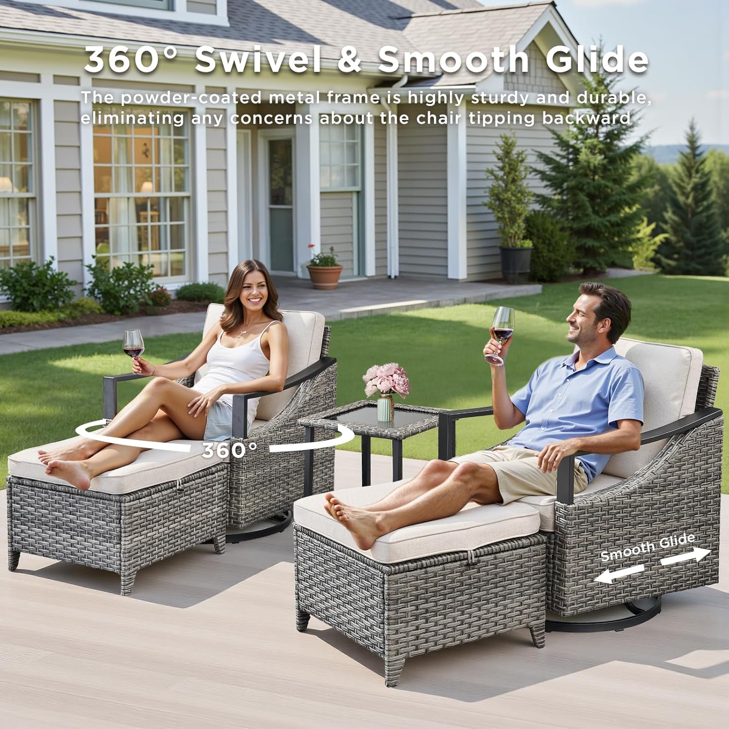 5 Pieces Outdoor Patio Furniture Sets - Rattan Patio Swivel Glider Chairs with 2 Ottomans and Glass Side Table, Outdoor Conversation Sets for Porch Balcony Deck - Beige/Gray