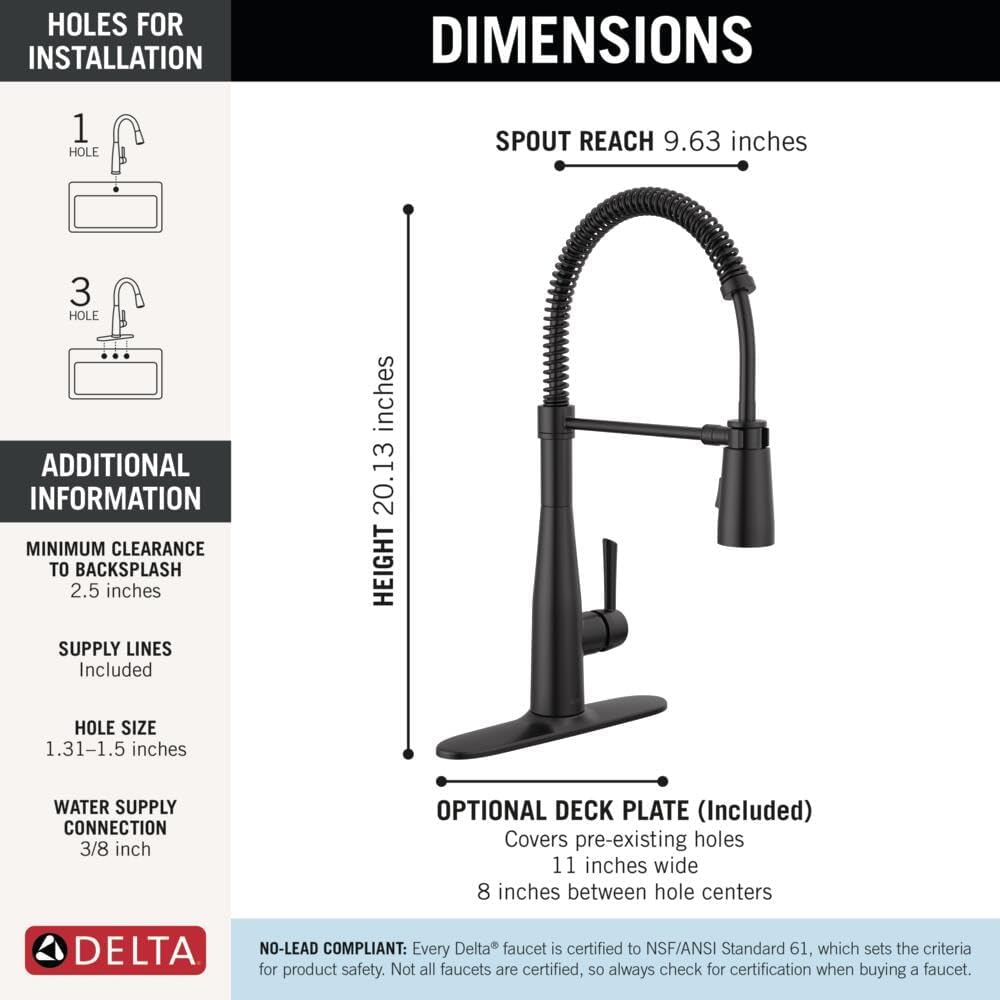 Delta Essa Pro Style Commercial Kitchen Faucet with Pull Down Sprayer, Matte Black Single Hole Kitchen Sink Faucet, Single Handle, Matte Black 9613-BL-DST
