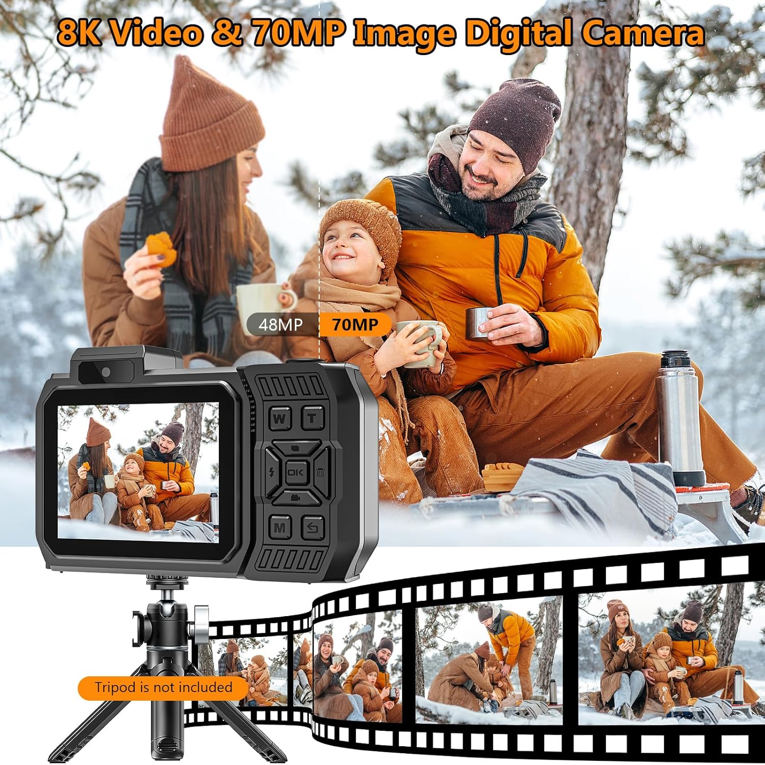 UHD 8K Underwater Camera, 70MP 33FT WiFi Waterproof Digital Camera with 64GB Card, Auto Focus Waterproof Dual-Screen Selfie 2500mAh Battery, 18X Floatable Digital for Snorkeling, Orange