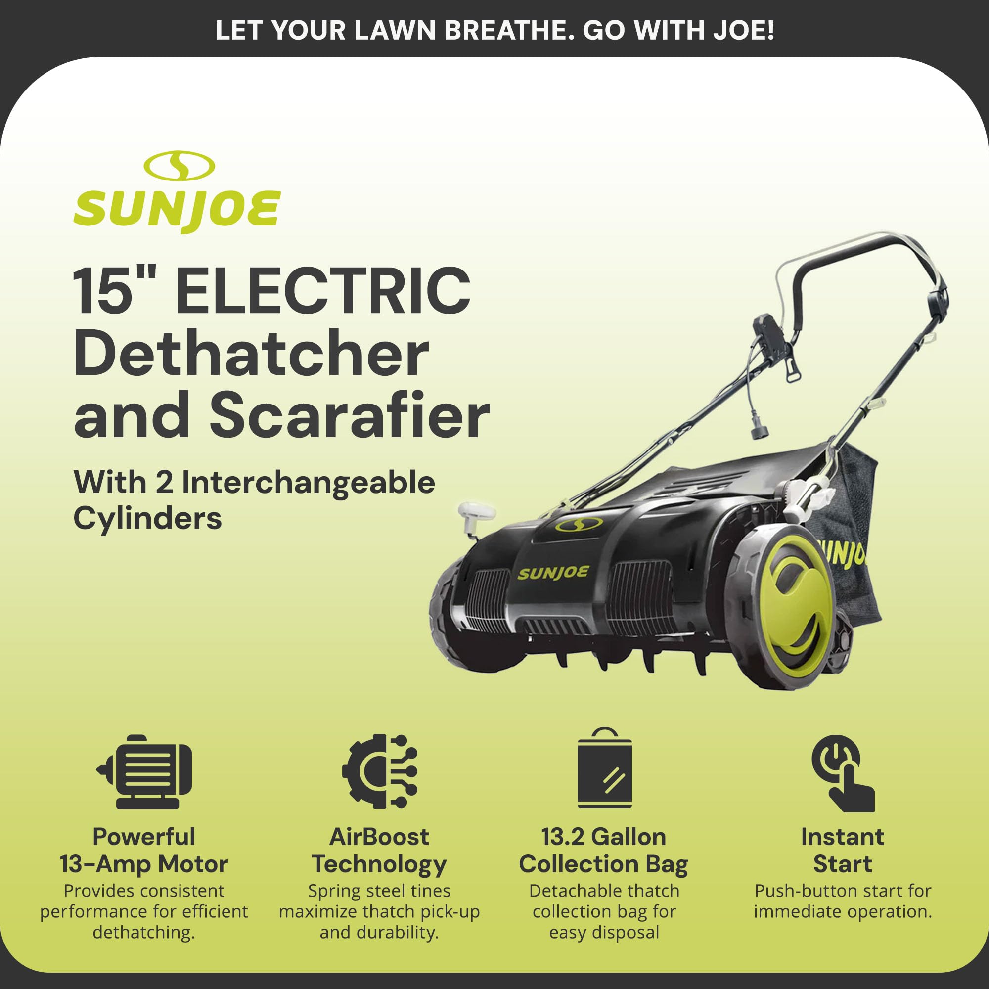 SUN JOE 15-Inch Electric Lawn Dethatcher with Scarifier Blade