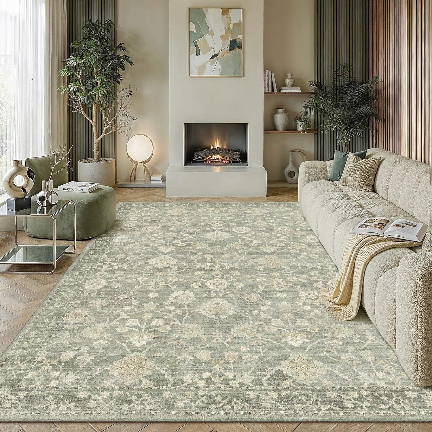 HUGEAR 8x10 Area Rugs for Living Room Washable Rug Carpet Green Neutral Bedroom Rug Non Slip Soft Low Pile Retro Distressed Stain Resistant for Home Dining Room Office Farmhouse