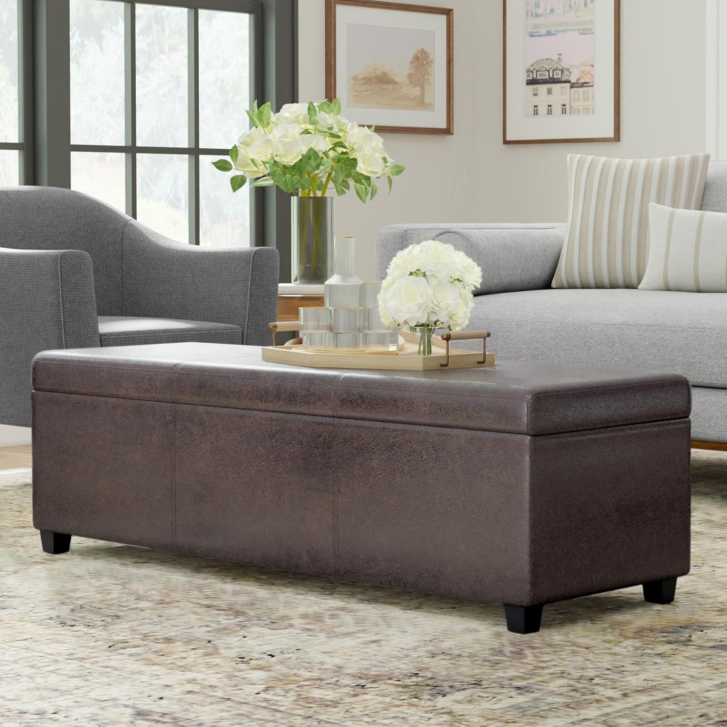 SIMPLIHOME Avalon Extra Large Storage Ottoman Bench - 54 inch Wide Upholstered Vegan Leather Rectangular Lift-Top Ottoman in Distressed Brown, Contemporary Bench for Living Room with Hidden Storage