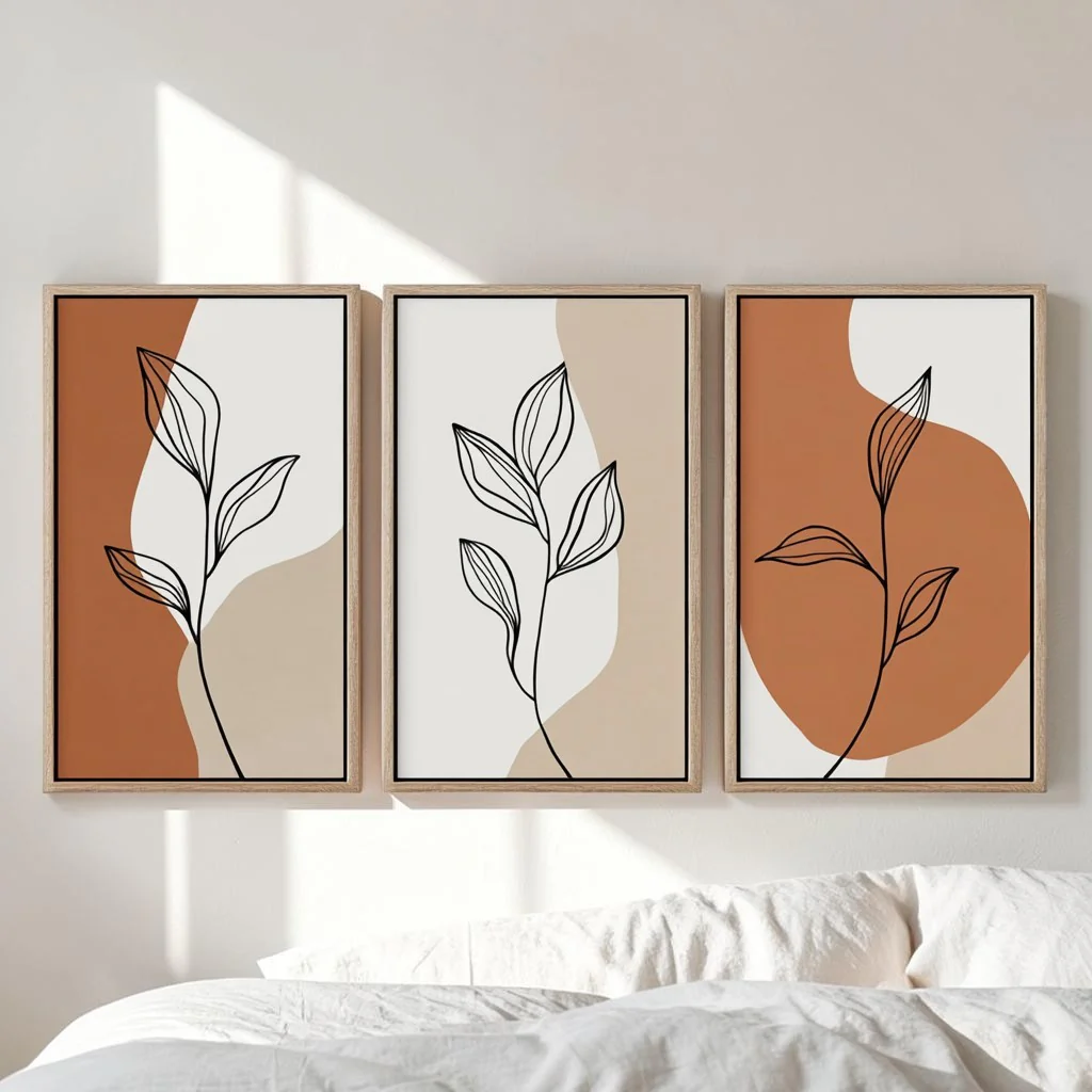 Set of 3 Boho Wall Art Prints - Minimalist Botanical Line Art - Light Oak Frames - Terracotta & Cream Decor for Bedroom, Bathroom & Gallery Wall