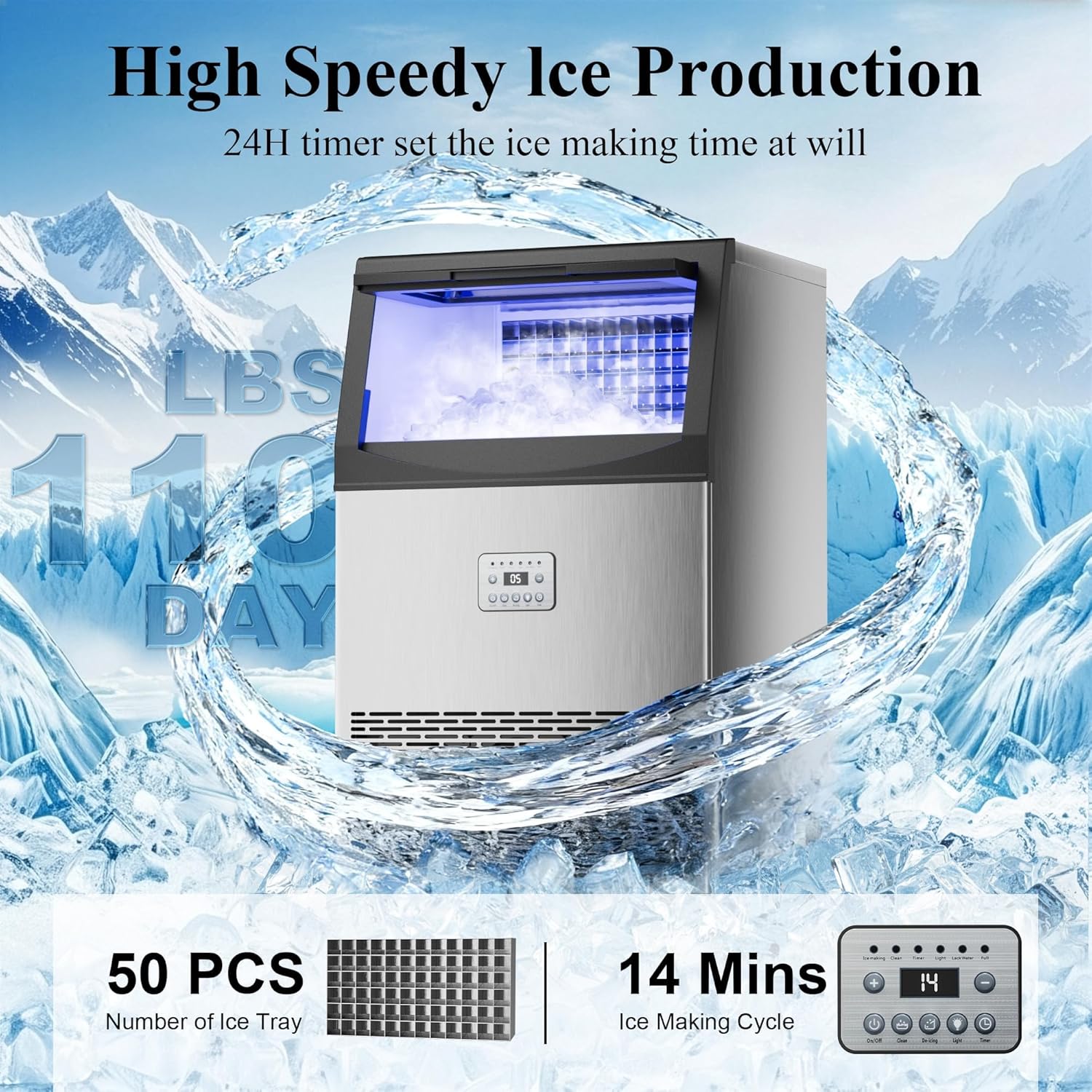 Commercial Ice Maker,110 lbs/24H,50 Cubes in 14 Mins,Stainless Steel Ice Machine with 33 lbs Storage Capacity,Water Filter,Self-Cleaning,Under Counter/Freestanding Ice Maker for Restaurant,Cafe,Home
