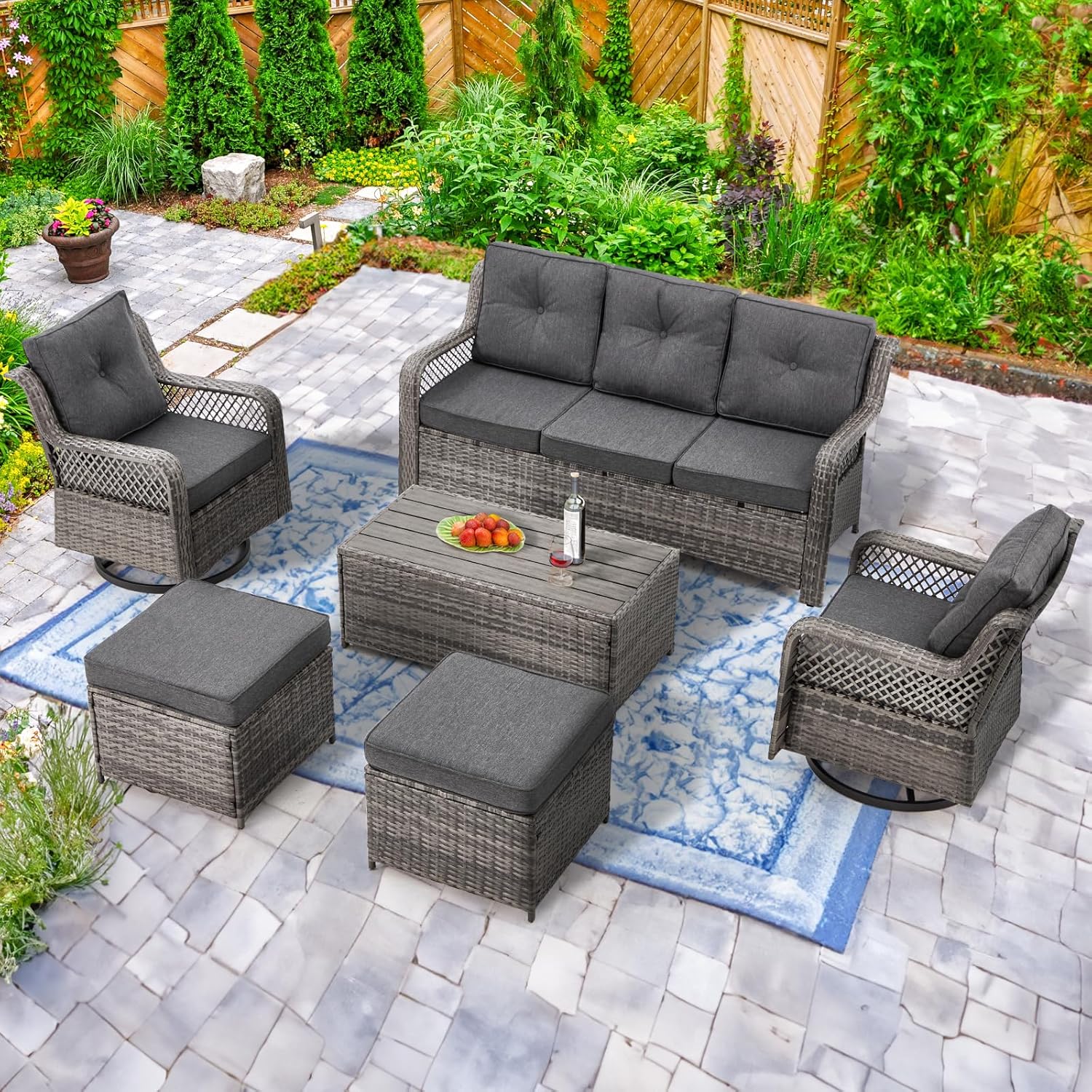 6 Pieces Wicker Patio Furniture Set Conversations Sets, 2 Outdoor 360° Swivel Rocking Chairs, Patio Swivel Glider Chair with Table and Ottoman for Garden, Poolside, Backyard (Grey)
