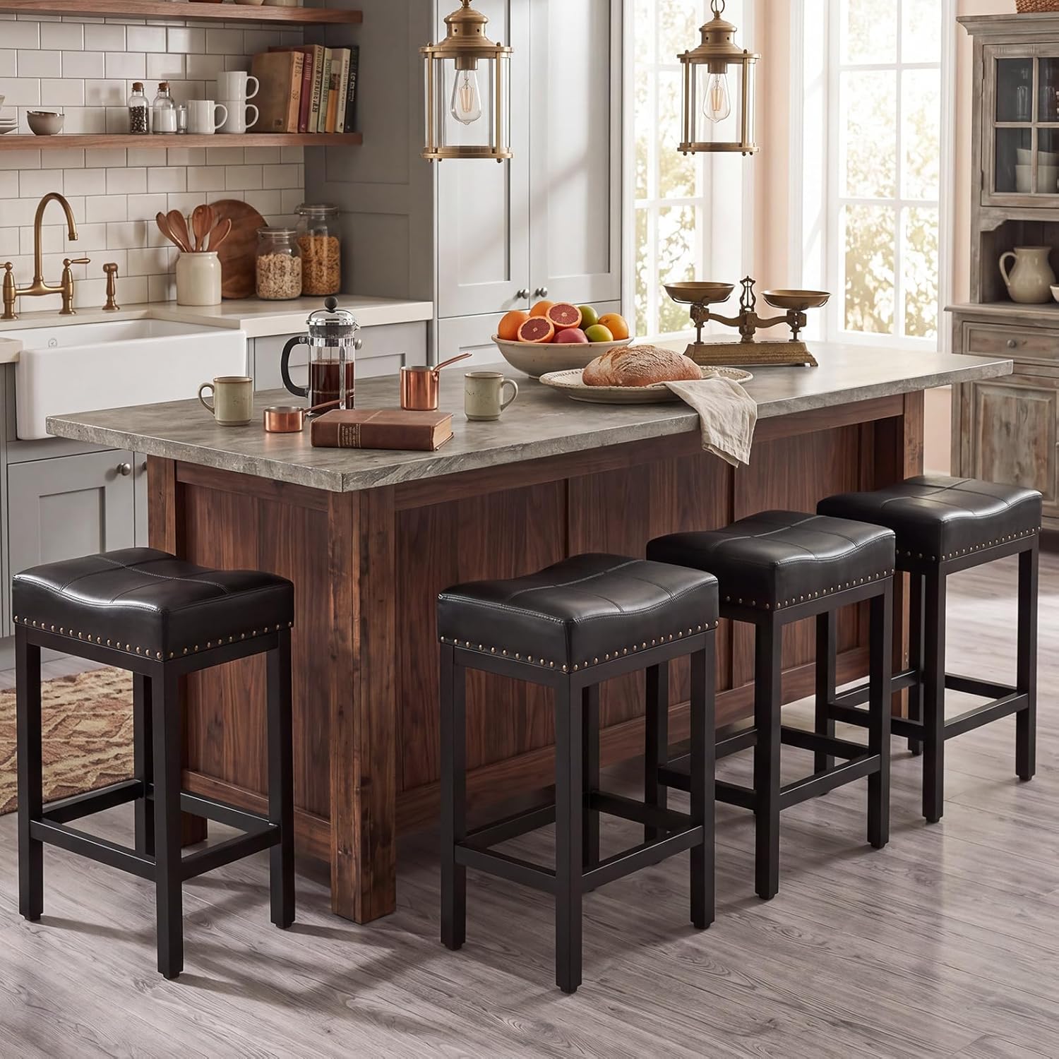 DUMOS Saddle Bar Stools Set of 4, 24 Inch Counter Height Stools with Curved PU Leather Surface, 3.7