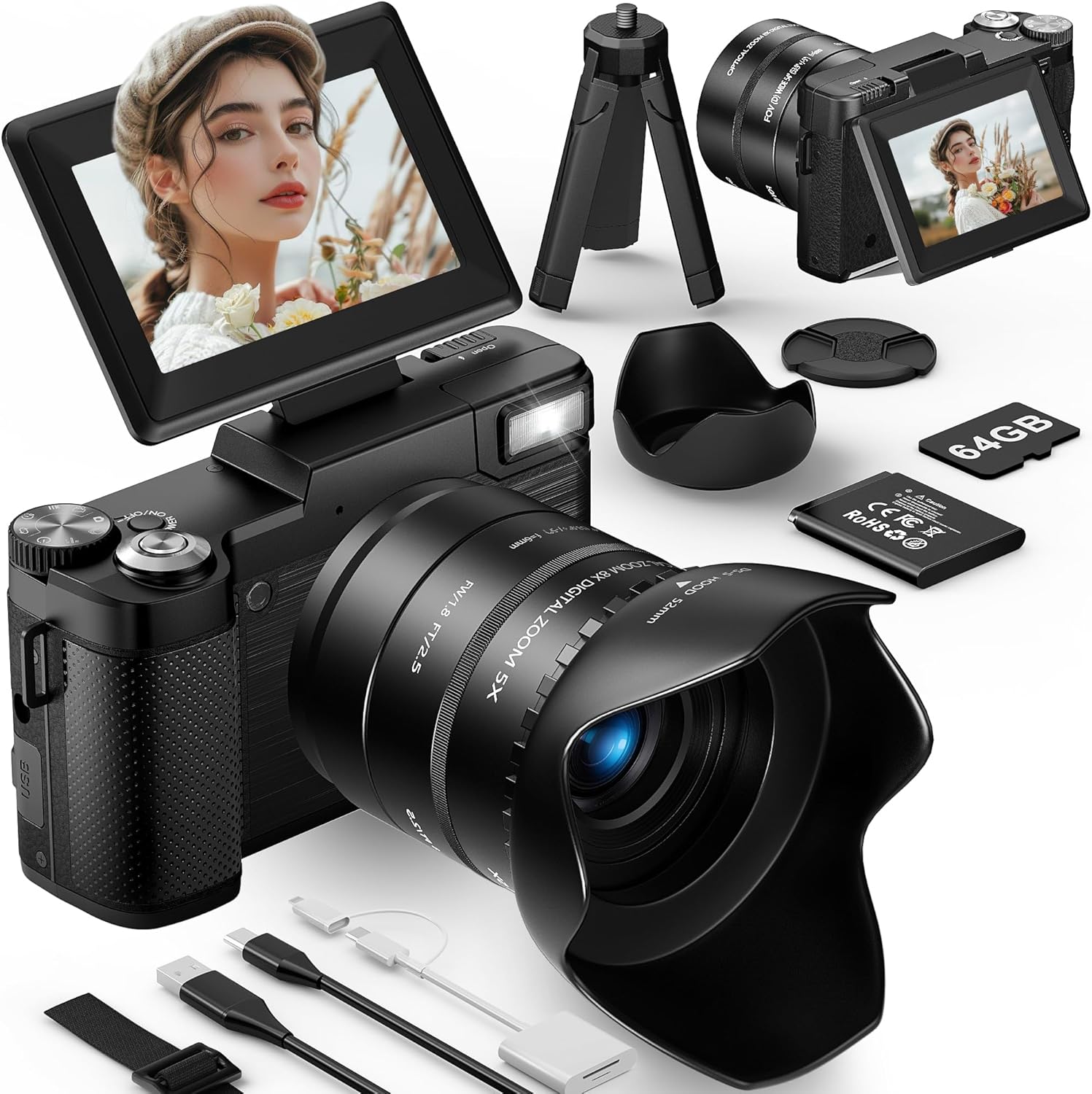 FLATIC 6K Digital Camera, 75MP Cameras for Photography with 8X Optical Zoom & Tripod, Anti-Shake Vlogging Camera with 3
