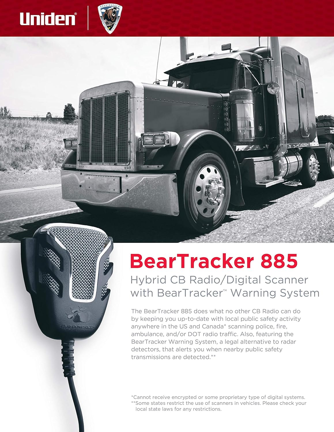 Uniden BEARTRACKER 885 Hybrid Full-Featured 40-Channel 4-Watt CB Radio + Digital TrunkTracking Police/Fire/Ambulance Scanner Bundle with BC906W Wireless CB Microphone Speaker