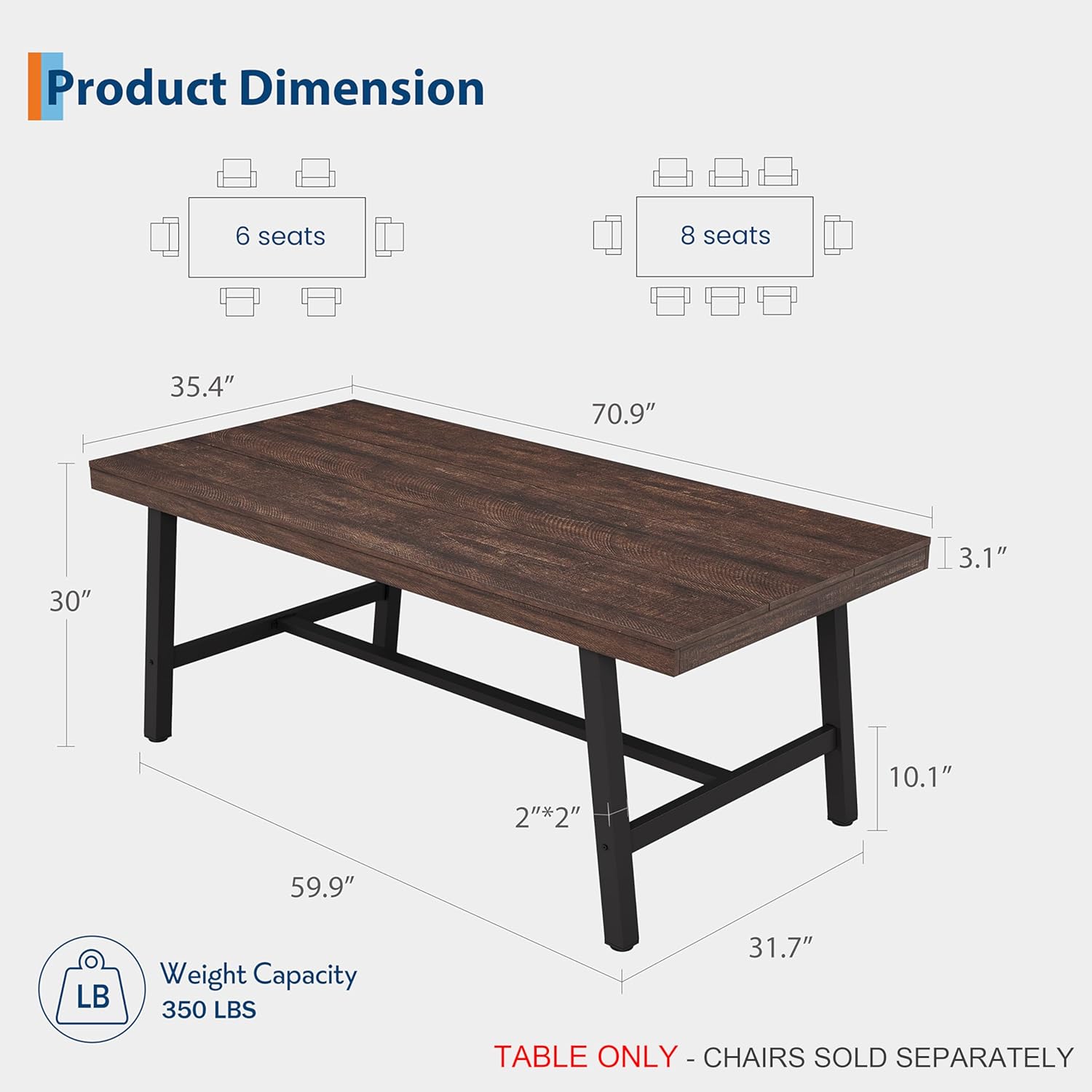 GarveeHome Industrial Dining Table for 6-8 People, 70.87