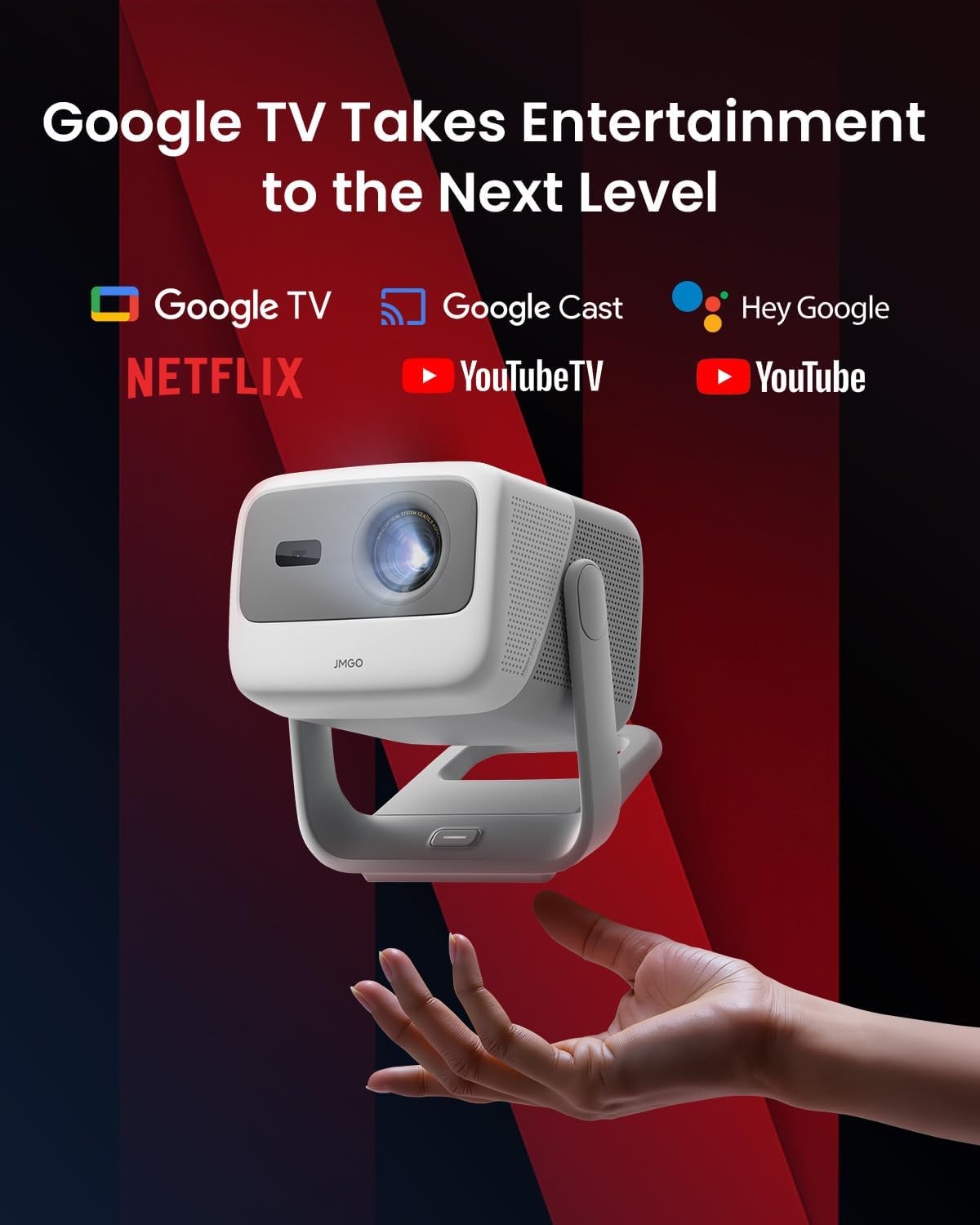 JMGO N1S 4K Smart Portable Projector, Triple Laser, 1100 ISO Lumens, Gimbal Instant Auto Focus, Google TV, Netflix, 110% BT.2020, Wi-Fi 6, HDR10, 10W Dolby Audio, Blu-ray 3D, 200