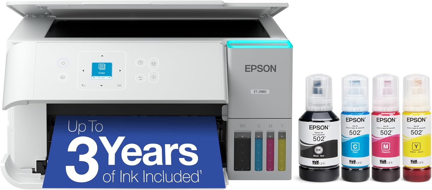 Epson EcoTank ET-2980 Wireless All-in-One Color Supertank Printer with up to 3 Years of Ink, Refillable Tanks, Perfect for Home, 15 PPM, 1.44