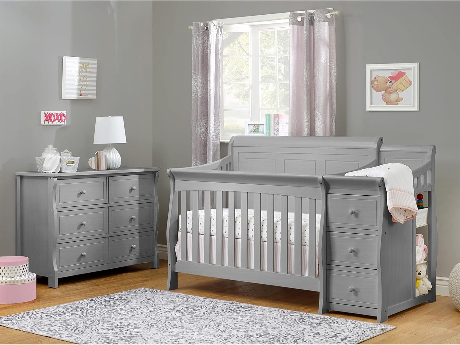 Sorelle Furniture Princeton Elite Crib and Changer with Solid Panel Back Classic -in- Convertible Diaper Changing Table Non-Toxic Finish Wooden Baby Bed Toddler Full-Size Nursery - Weathered Grey