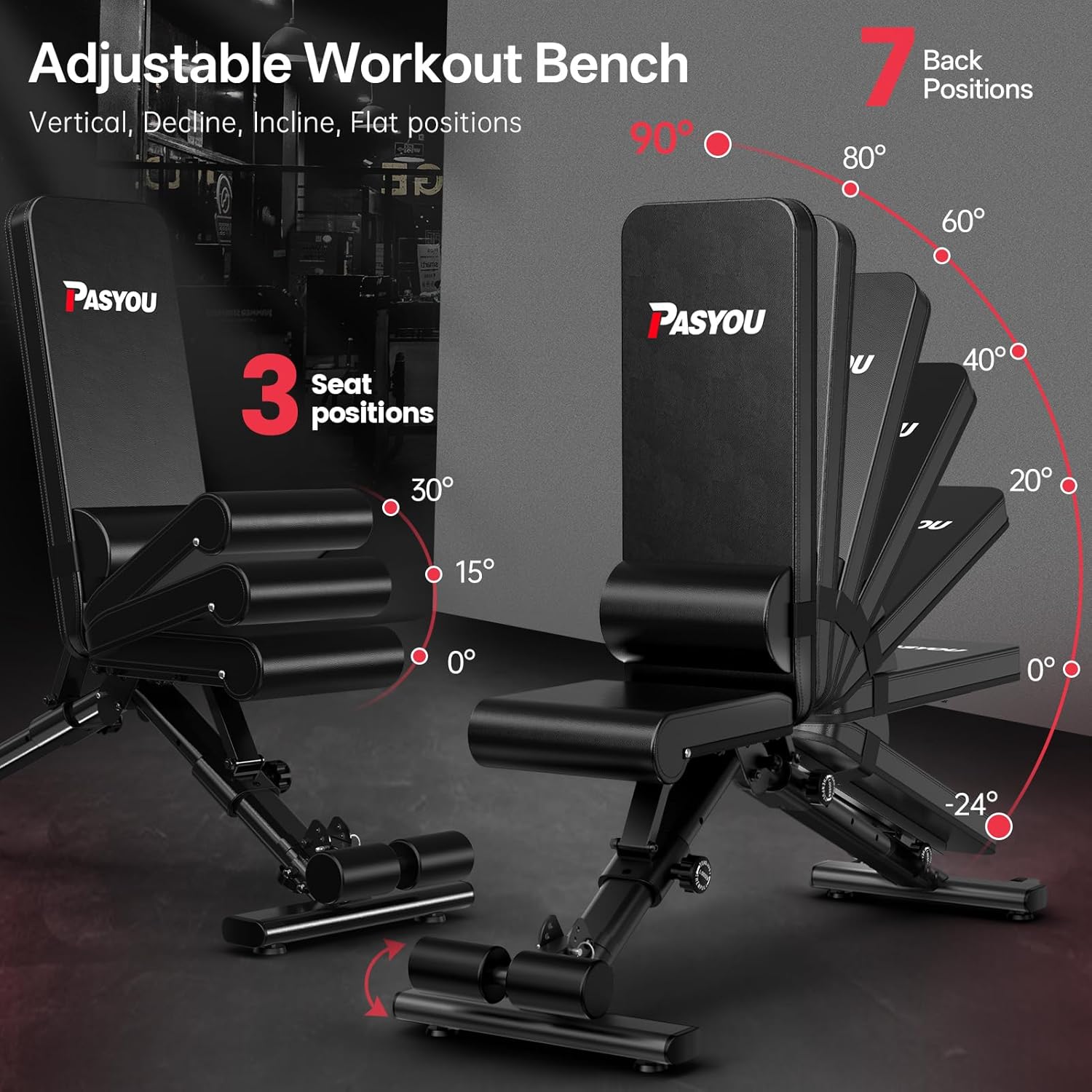 PASYOU Adjustable Weight Bench, 880 lb Capacity - Weight Bench Foldable, Incline Decline Flat Press Bench, with Lumbar Support, Compact Weight Benches for Home Gym, Suitable for Small Spaces