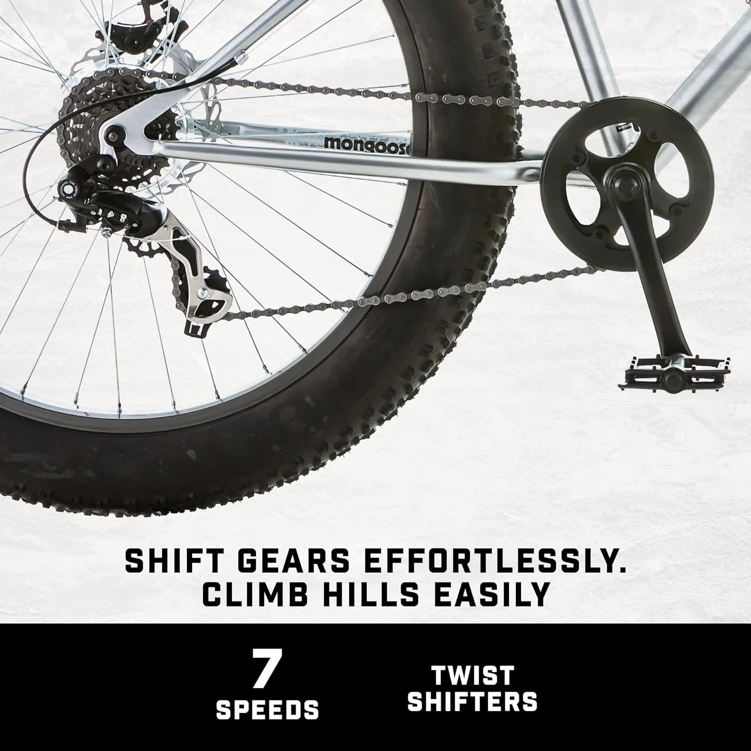 Mongoose Malus Mens and Women Fat Tire Mountain Bike, 26-Inch Bicycle Wheels, 4-Inch Wide Knobby Tires, Steel Frame, 7 Speed Drivetrain, Shimano Rear Derailleur, Disc Brakes