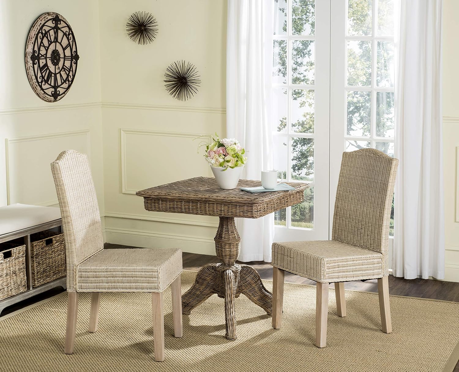 SAFAVIEH Home Collection – Odette White Washed Wicker Dining Chair, Set of 2, Modern Coastal Design with Solid Wood Legs (SEA8015D-SET2)