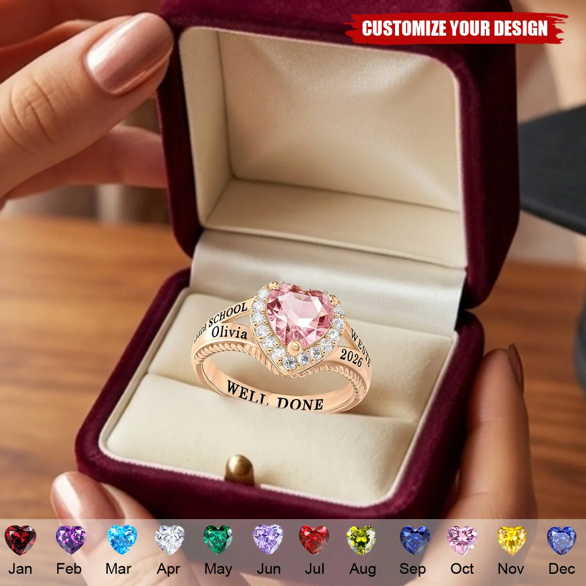 Personalized Class Ring For Her With Birthstone - Graduation Jewelry For Daughter