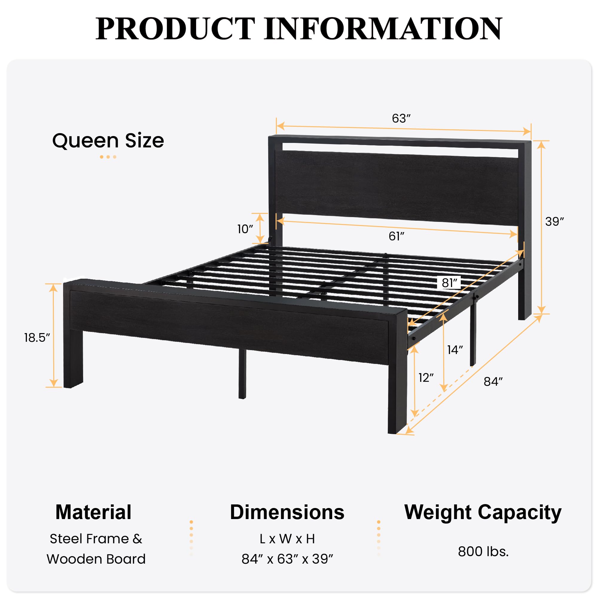 SHA CERLIN 14 Inch Queen Metal Bed Frame with Wooden Headboard