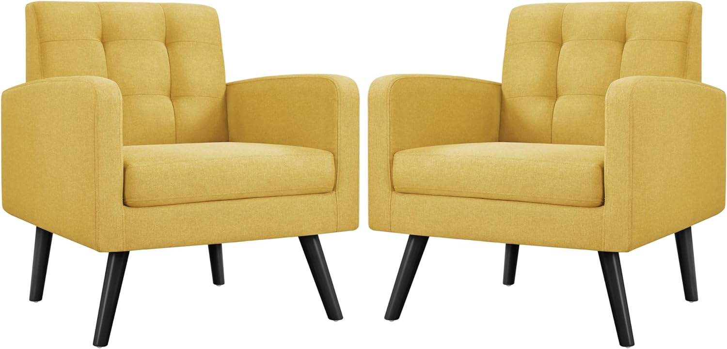 Yaheetech Mid-Century Accent Chairs, Modern Upholstered Living Room Chair, Cozy Armchair Button Tufted Back and Wood Legs for Bedroom/Office/Cafe, Set of 2, Yellow