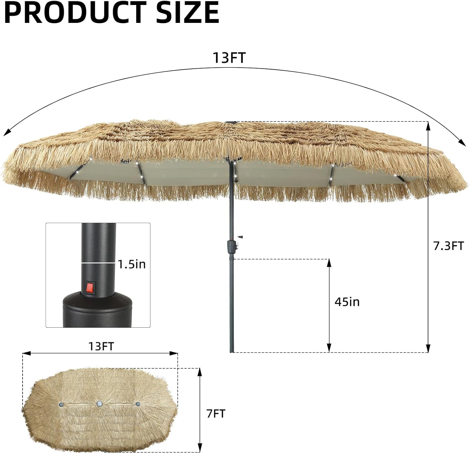 GDY 13/15 FT Tiki Outdoor Umbrella Patio Table Umbrella(Optional with Light or Base), Market Umbrella, with Crank for Garden, Lawn, Deck, Backyard & Pool