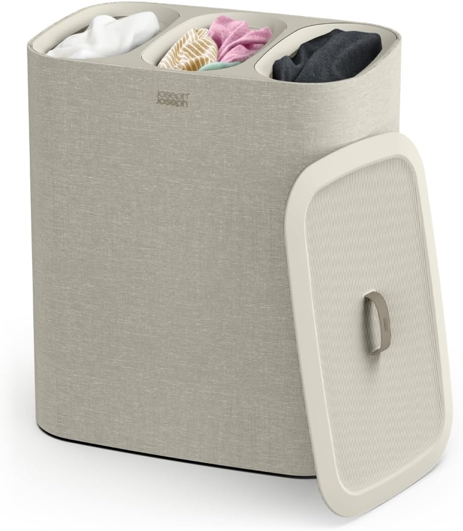 Joseph Joseph Tota Trio 90 liter/23.8 gallon Laundry Hamper Separation Basket with lid, 3 Removable Washing Bags with Handles- Ecru