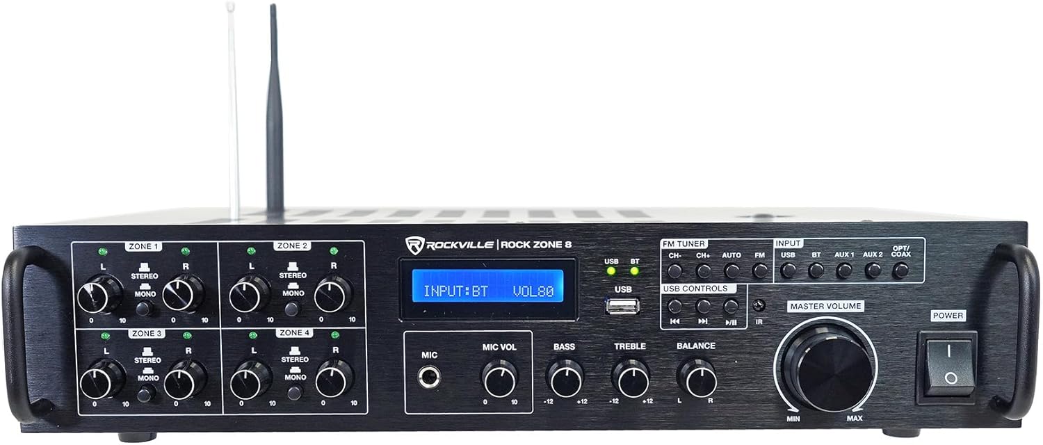Rockville Bundle Rock Zone 8 8-Channel 1000W RMS Multi Room Receiver/Amplifier Bundle with (8) HP5S-8 5.25