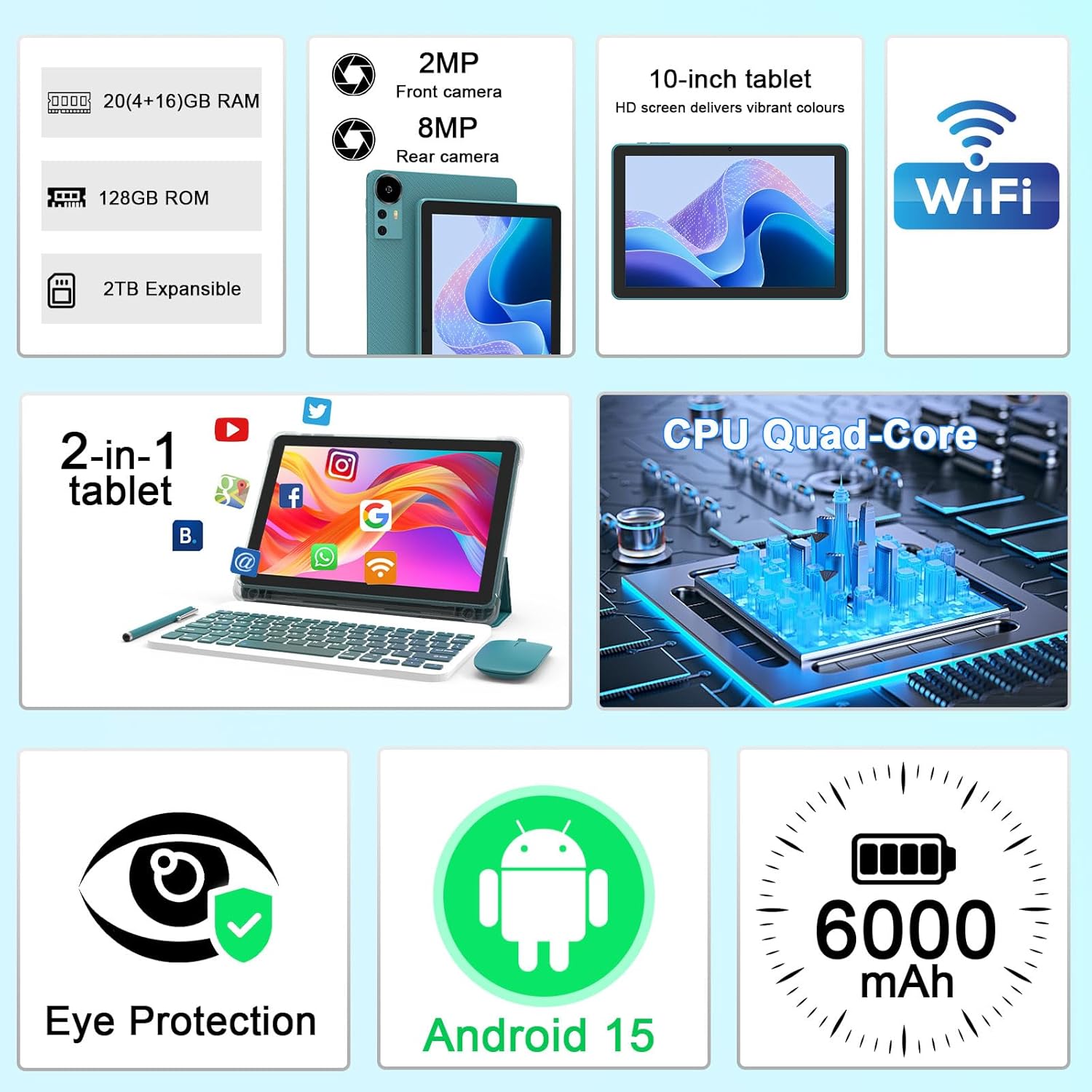 CUPEISI Android 15 Tablet 10 Inch, 20GB RAM+128GB ROM/ 2TB Expandable, 2.0GHz Quad-core Processor, 1280*800 HD Screen, 5G WiFi6 BT 5.0, 2 in 1 Tablets with Keyboard Case Mouse Stylus, Widevine L1 Blue