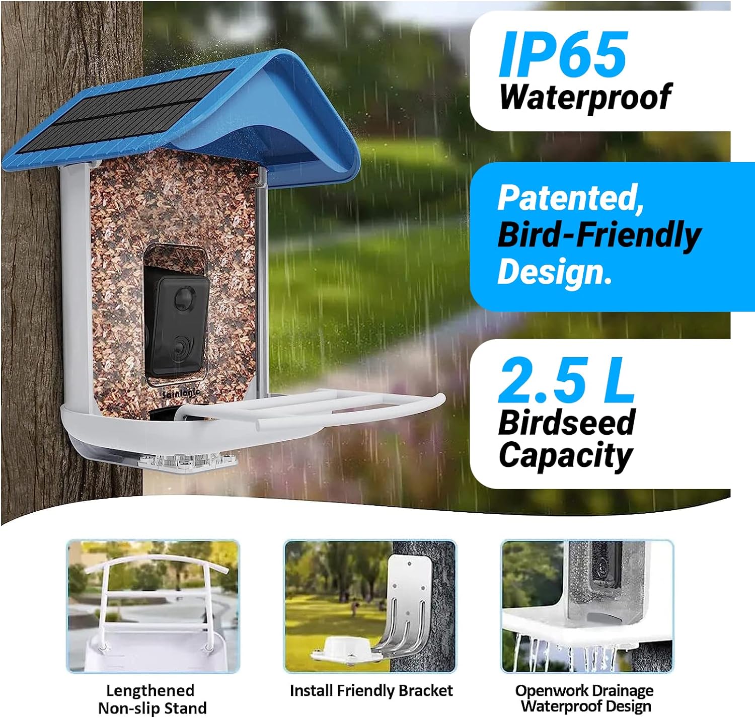 Smart Bird Feeder with 1080P HD Camera, Camera Bird Feeder Identify Bird Species with 2 Solar Panels, Video Bird Feeder with WiFi & Motion Detection, Smart Bird Feeders as Gifts(Light Blue)