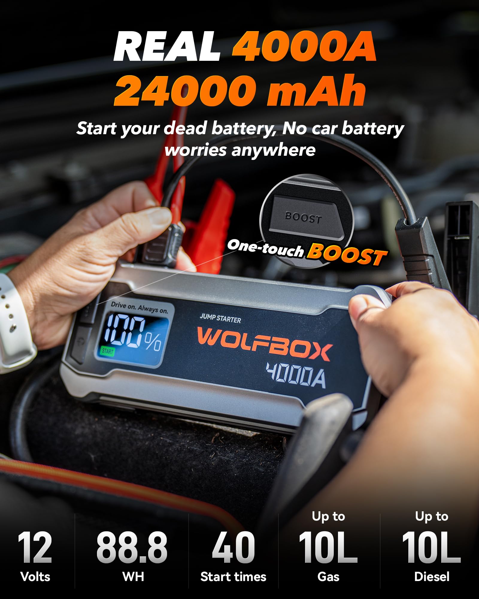 WOLFBOX 4000A Portable Car Jump Starter with Quick Charger