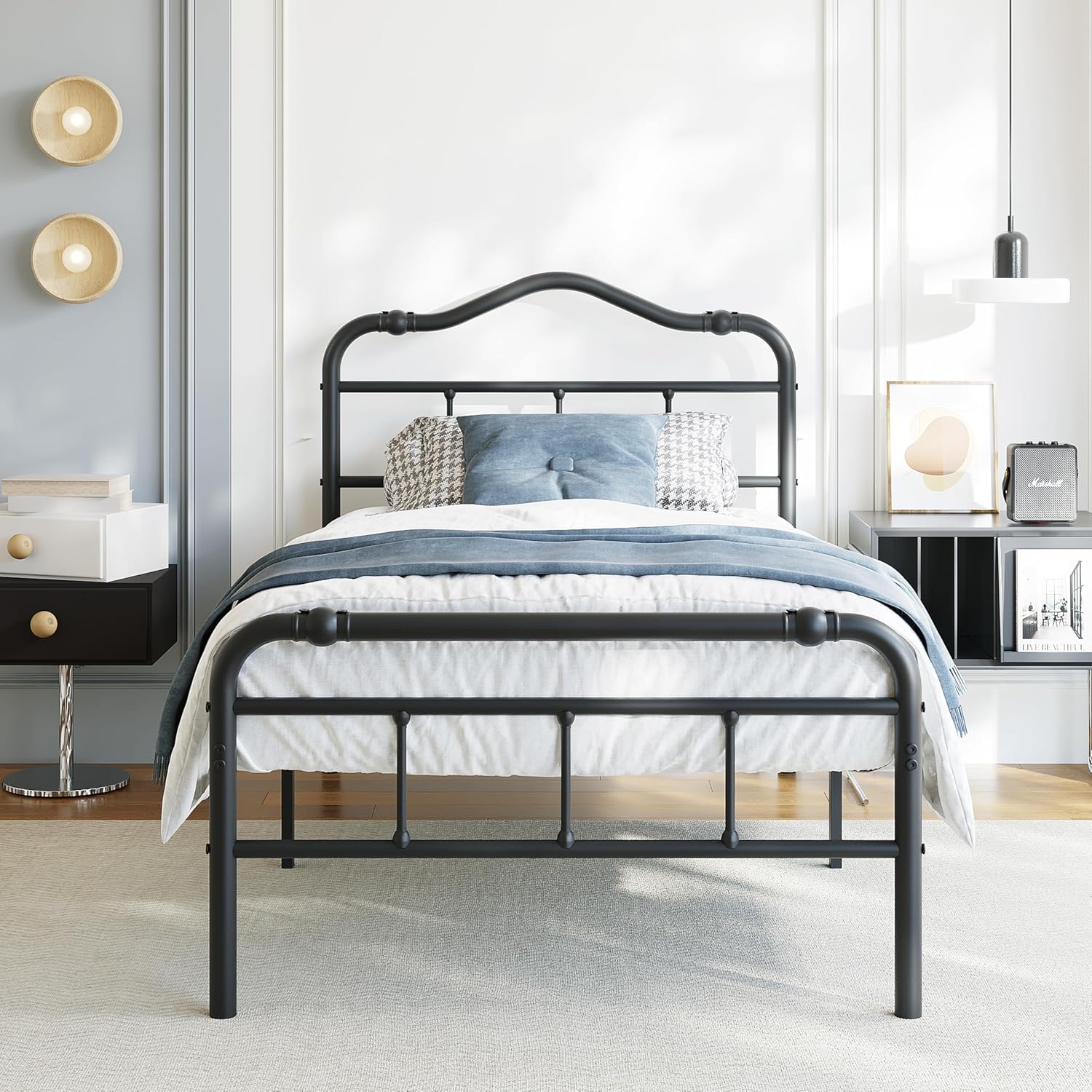 BOSRII 18 Inch Twin XL Metal Bed Frame with Headboard and Footboard Heavy Duty Platform Bed Vintage Iron Wrought Frames Steel Slats, Easy Assembly, No Box Spring Needed, Noise Free, Black