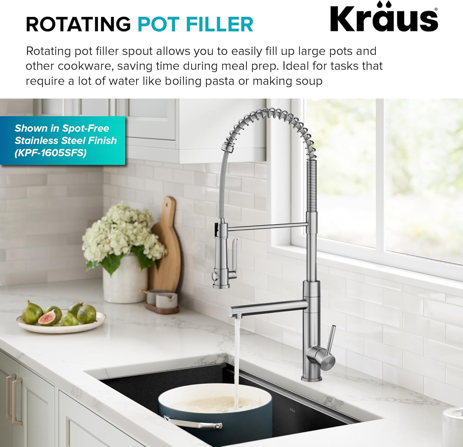 KRAUS Artec Pro Commercial Style 2-Function Single Handle Pull Down Kitchen Faucet with Pot Filler in Spot-Free Stainless Steel/Matte Black, KPF-1605SFSMB
