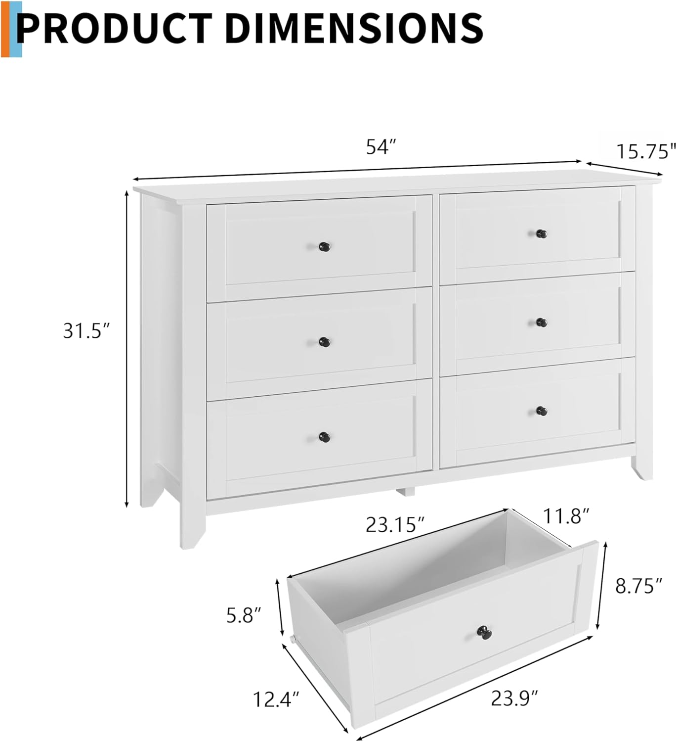 GarveeHome White 6 Drawer Dresser for Bedroom, Simply Modern Chest of Drawers, Wood Storage Double Dresser with Deep Drawers for Living Room, Hallway Entryway