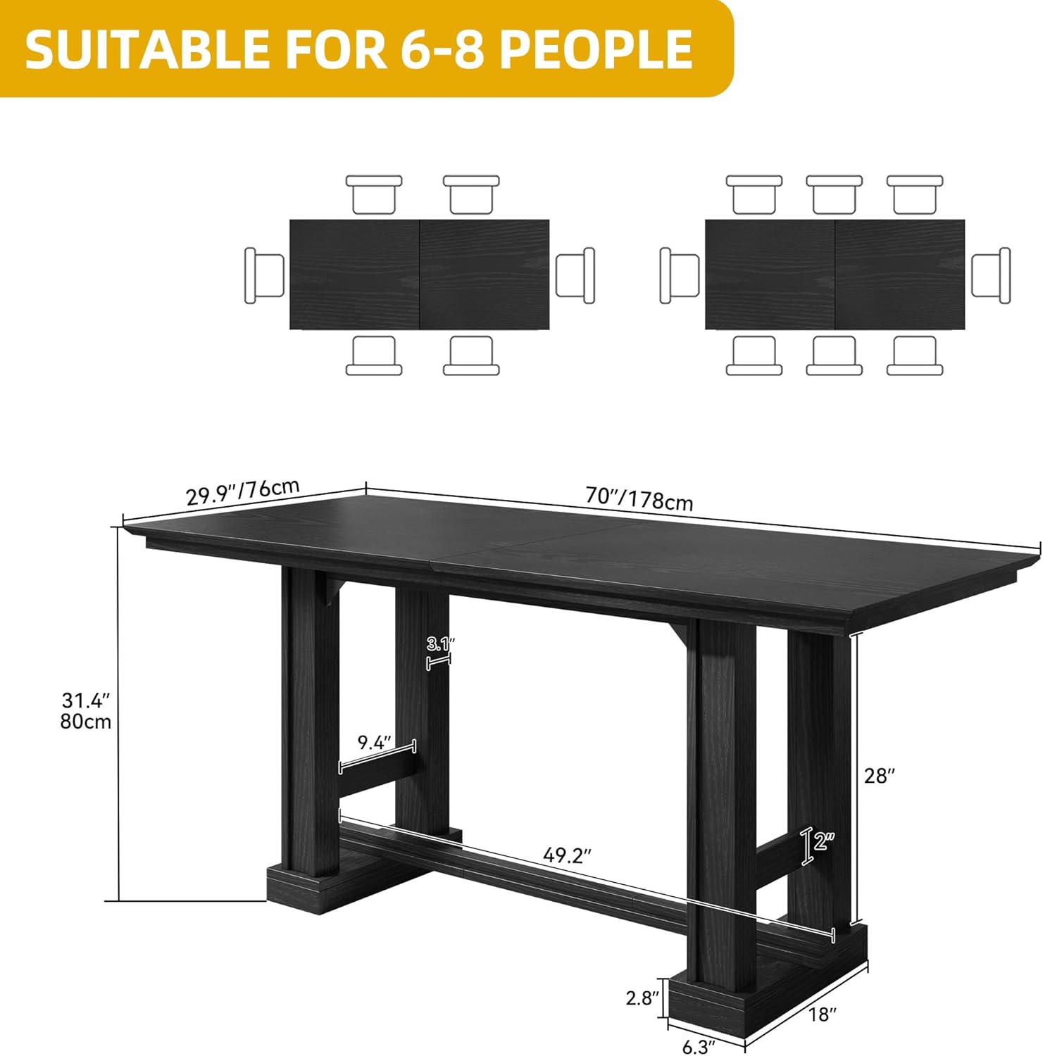 DWVO Farmhouse Dining Table for 6-8 People, 70