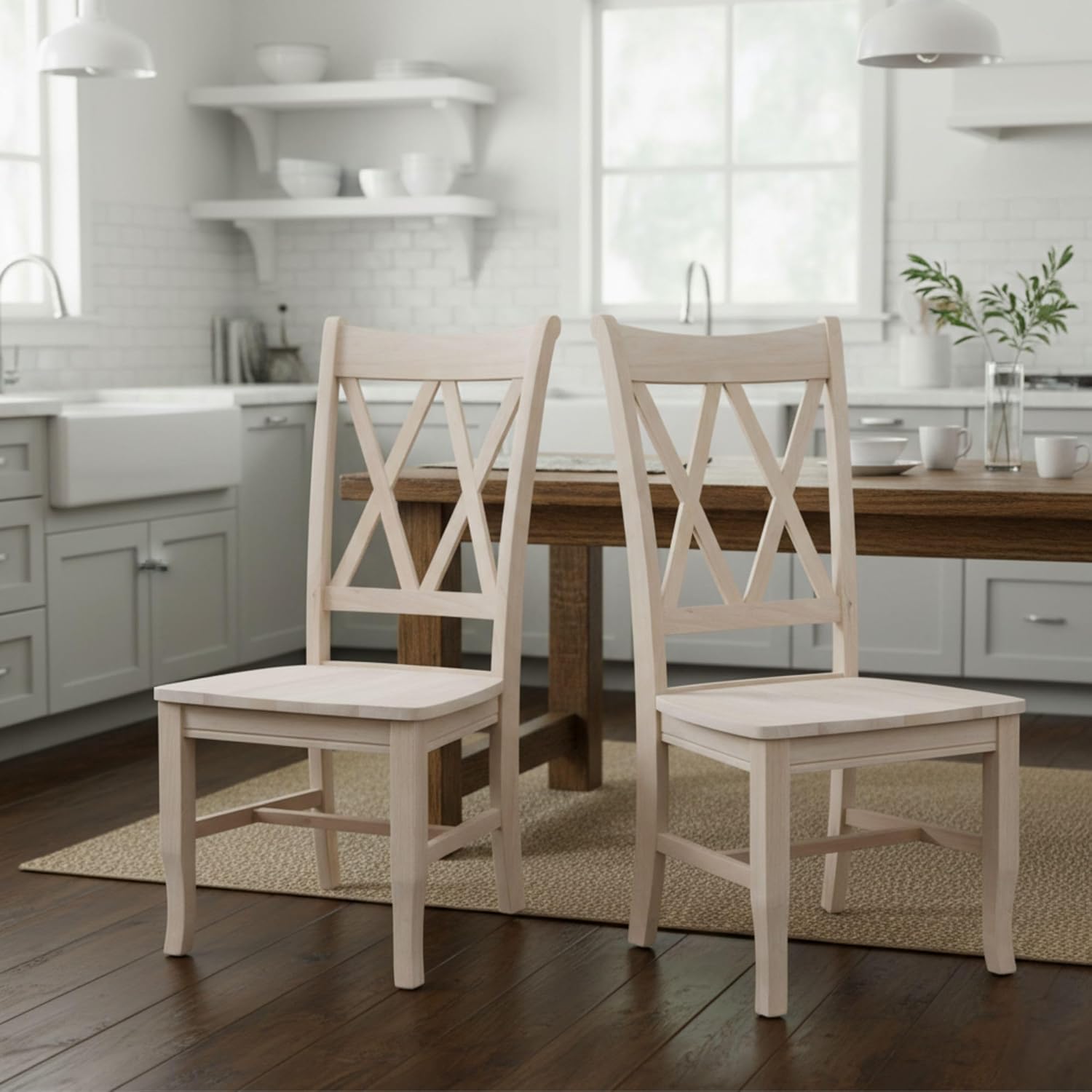 IC International Concepts, Set of 2 Double X-Back Dining Chairs, Armless, Real Wood, Kitchen/Dining/Accent, 19.9