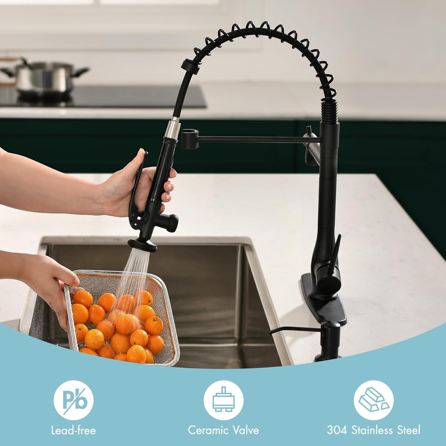 GIMILI Commercial Kitchen Faucet with Pull Down Sprayer, Double Headed Single Handle High Pressure Kitchen Faucet with Soap Dispenser Matte Black