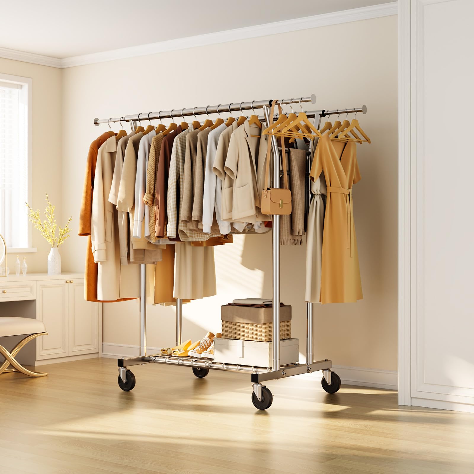 HYSEYY Heavy Duty Rolling Clothes Rack with Shelves 700LBS